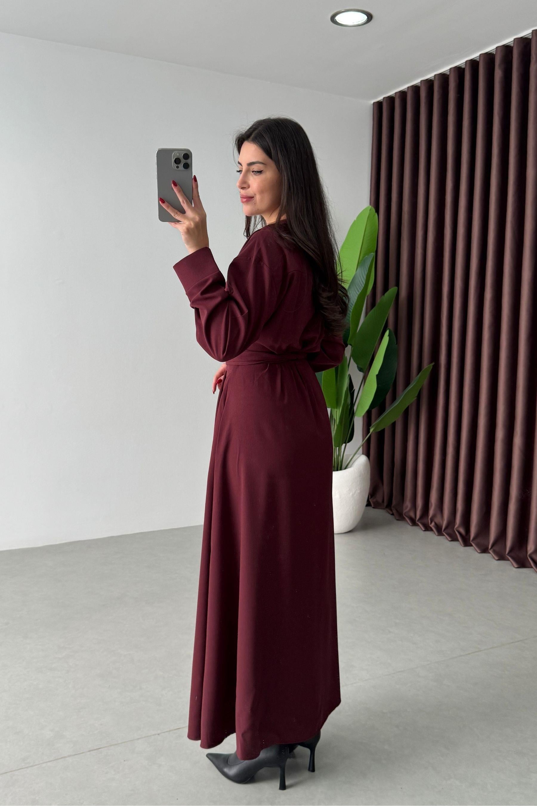Pera Bordo Kuşaklı Maxi Elbise