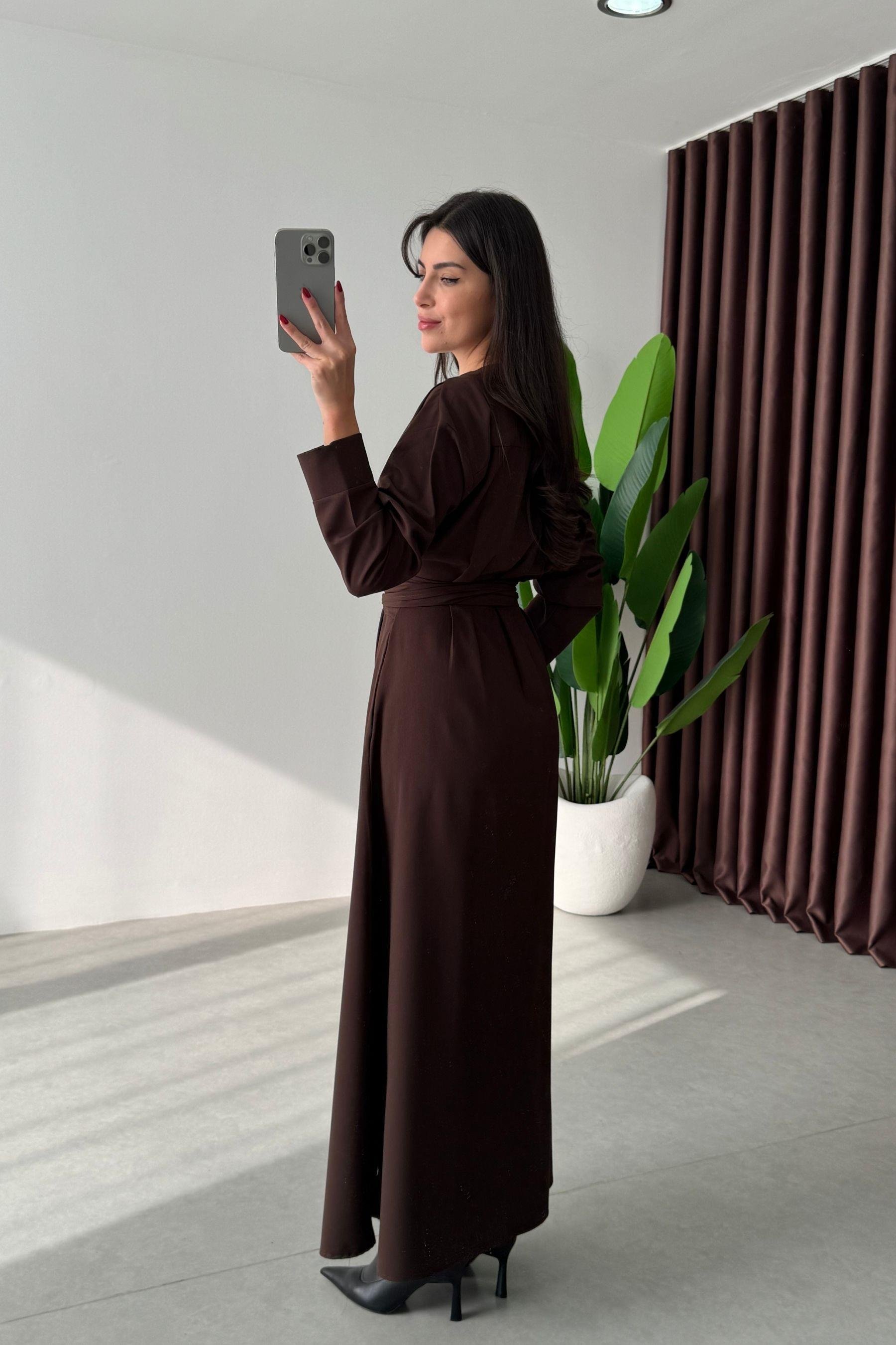 Pera Kahve Kuşaklı Maxi Elbise