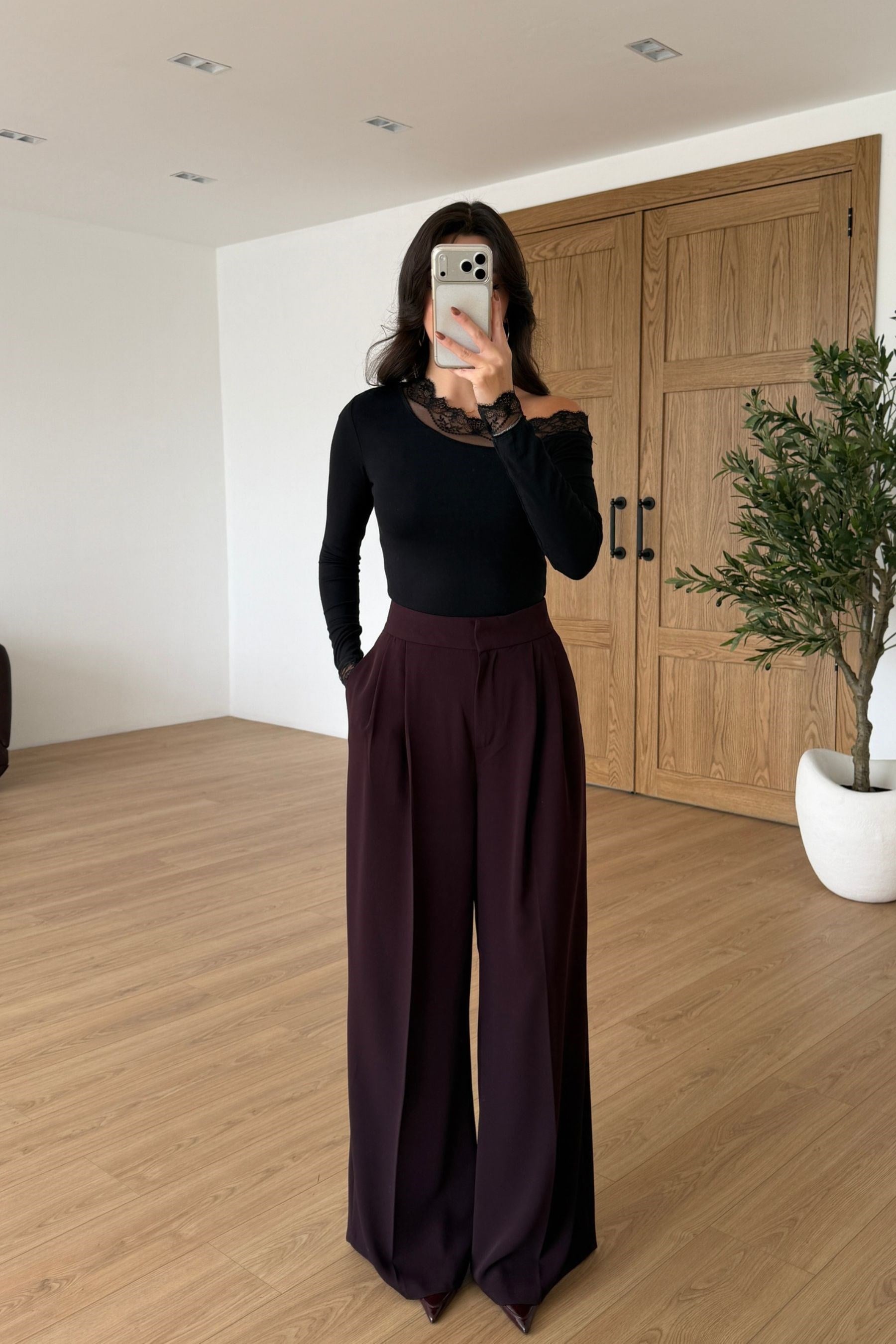 Raye Mürdüm Krep Kumaş Geniş Paça Pantolon