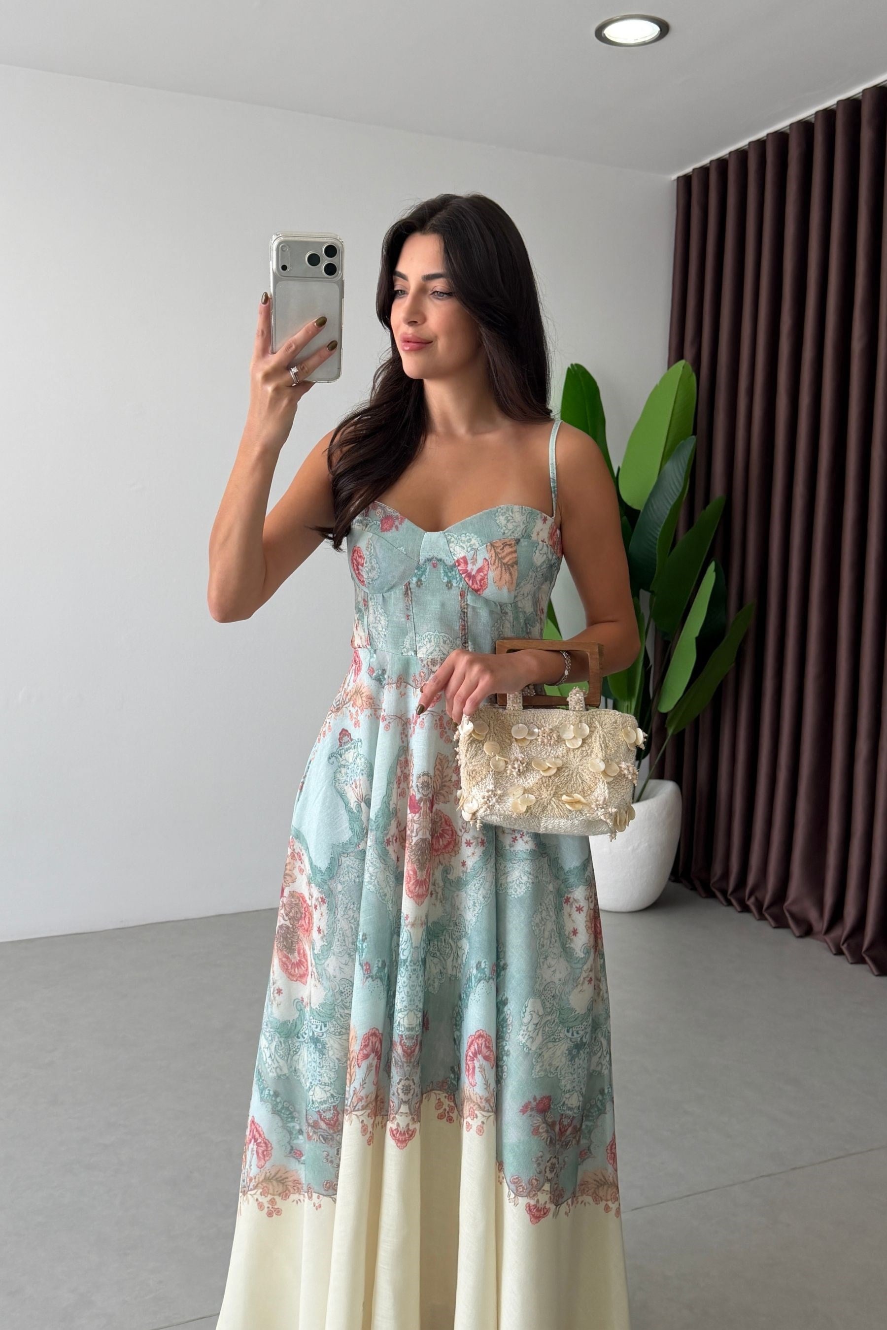 Reina Etnik Desenli Göğüs Pedli Keten Elbise