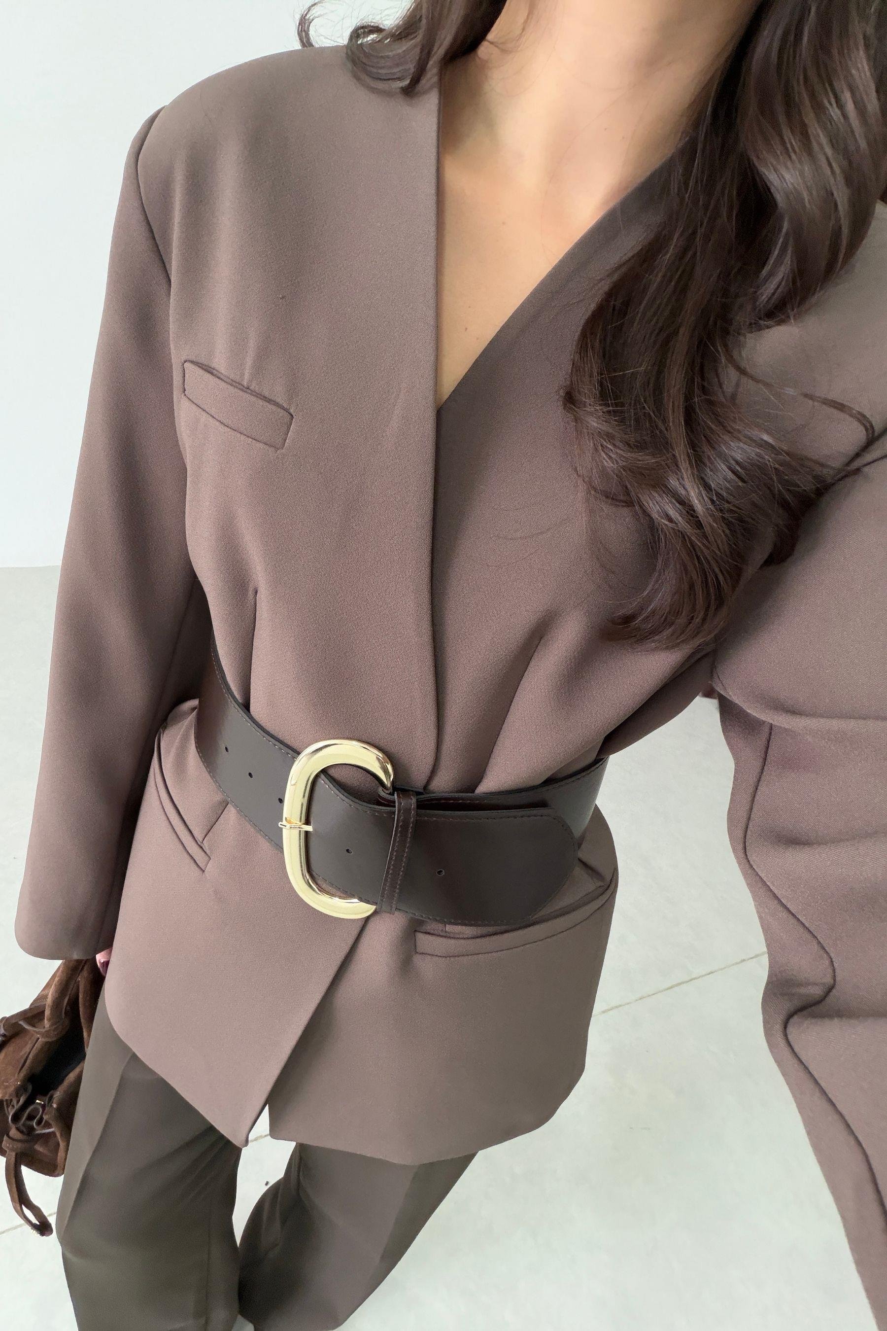 Ripa Kahve Kemerli Yakasız Blazer
