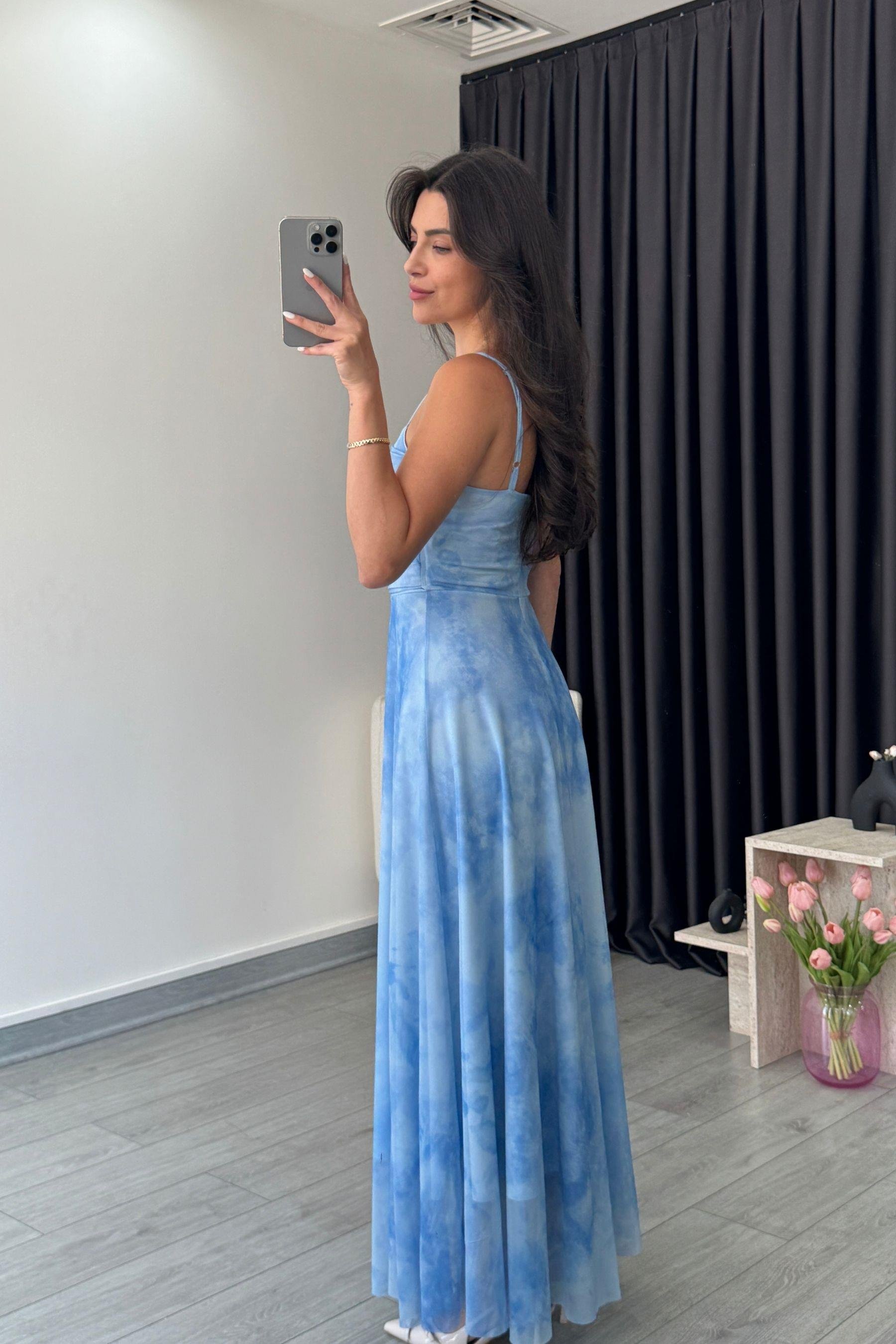 Rose Mavi Askılı Tül Elbise 