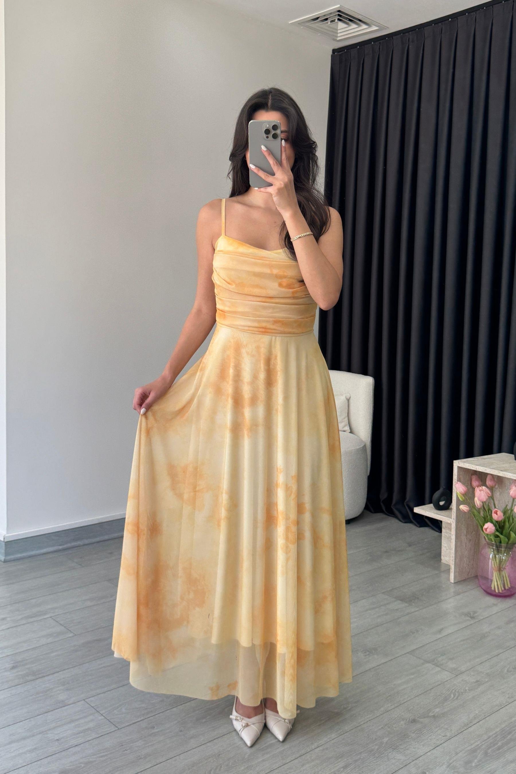 Rose Sarı Askılı Tül Elbise 