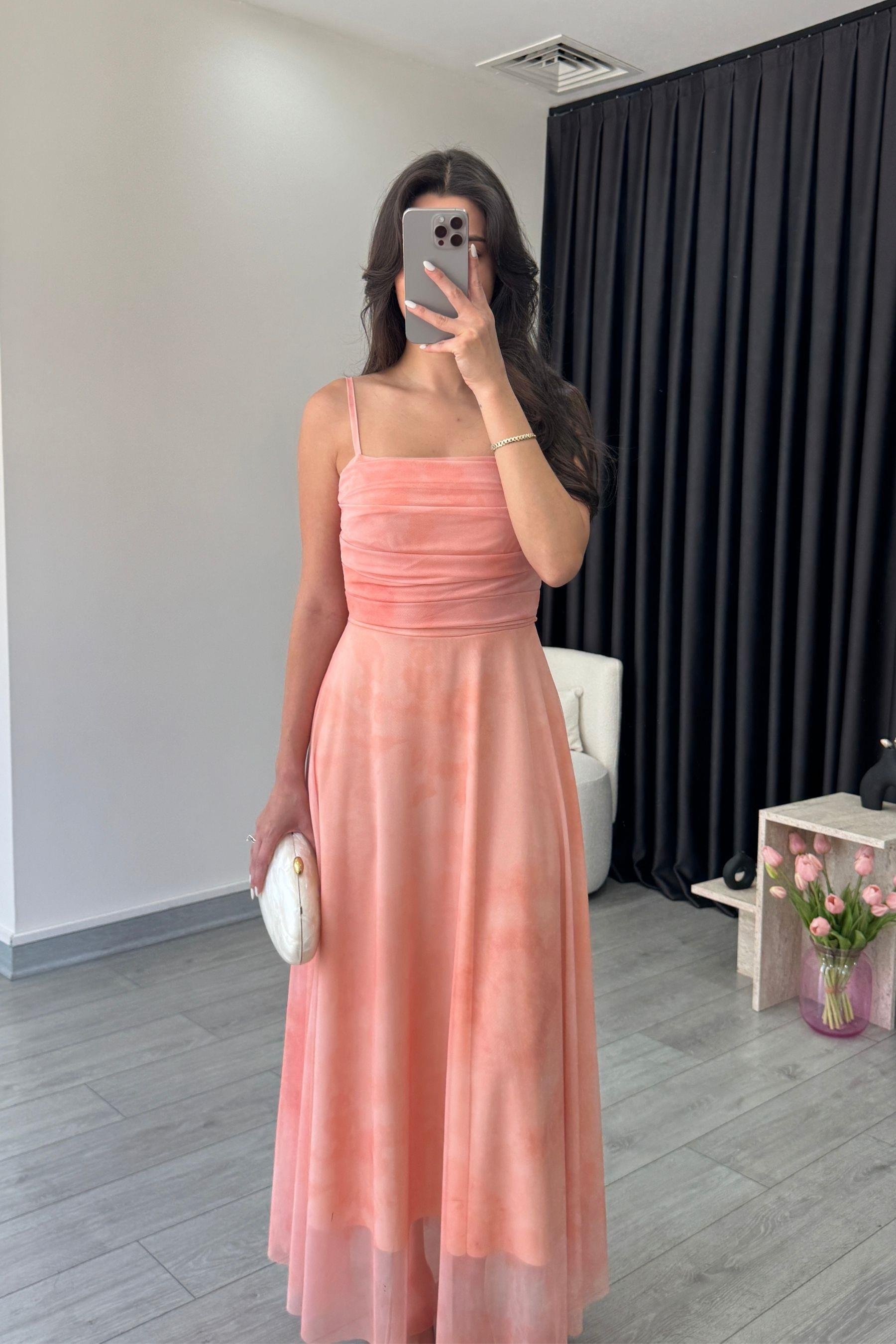 Rose Somon Askılı Tül Elbise 