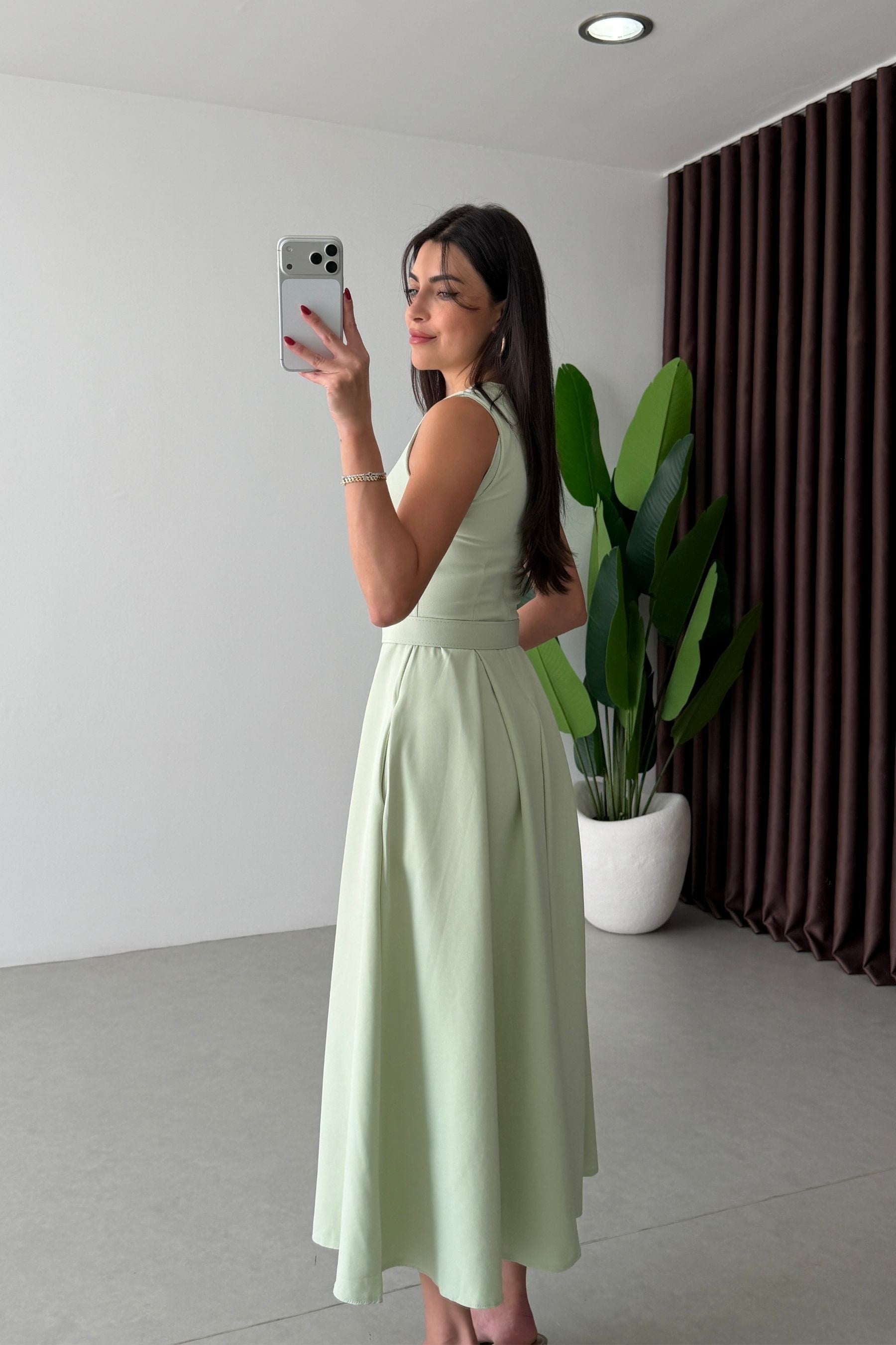 Sita Mint Kemerli Kloş Elbise
