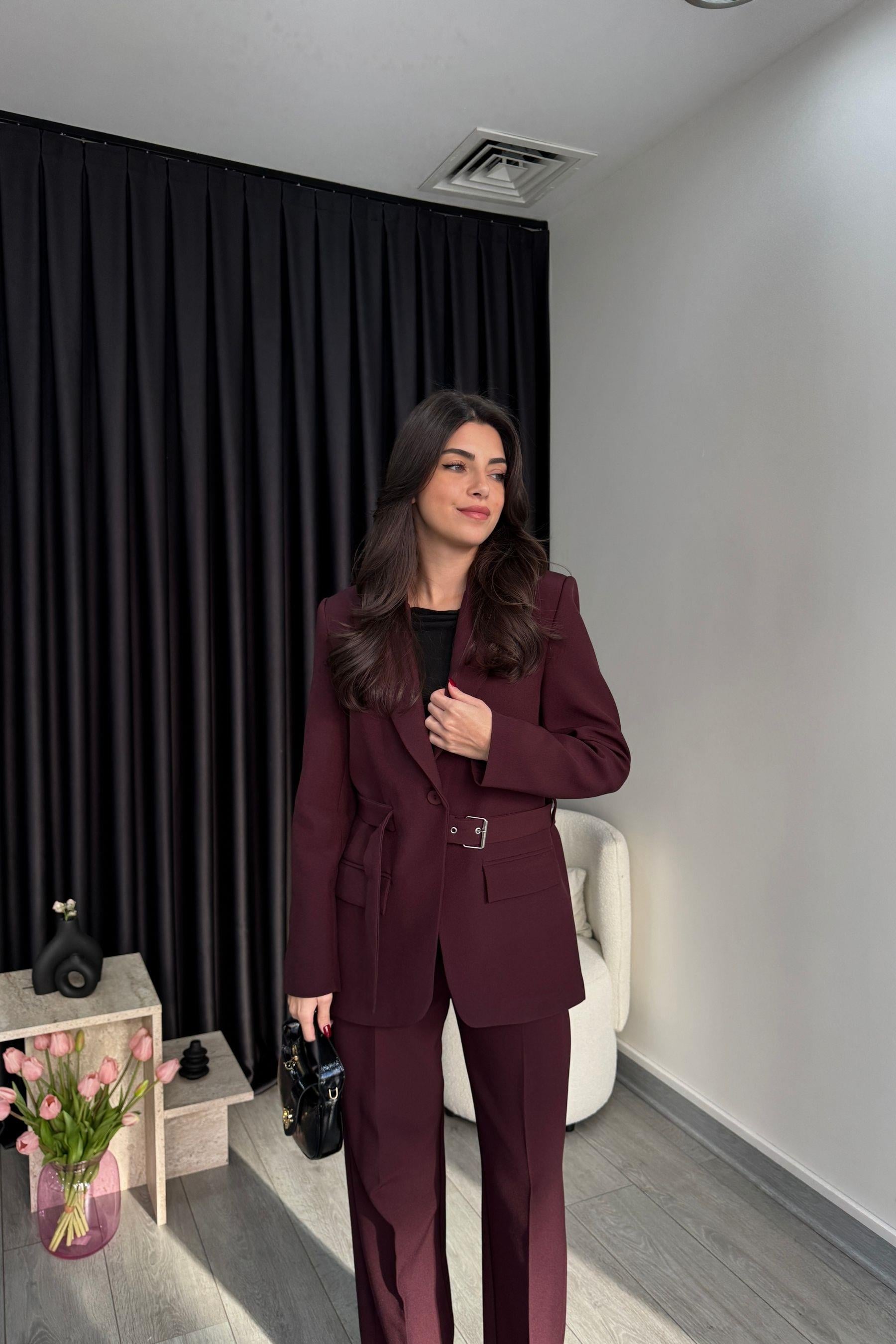Tasarım Kemerli Mürdüm Blazer Ceket