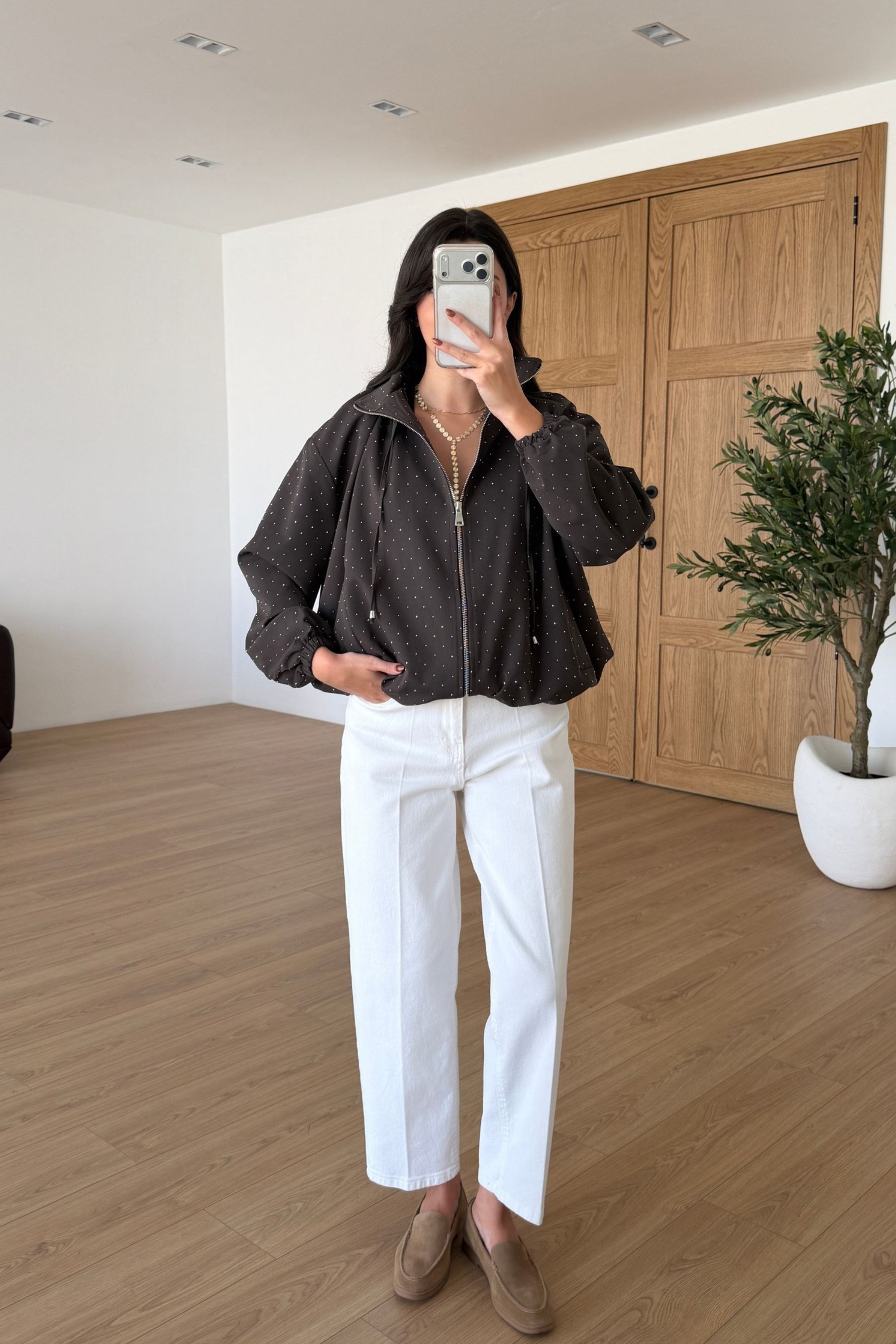 Tracy Kahve Taşlı Tasarım Bomber Ceket