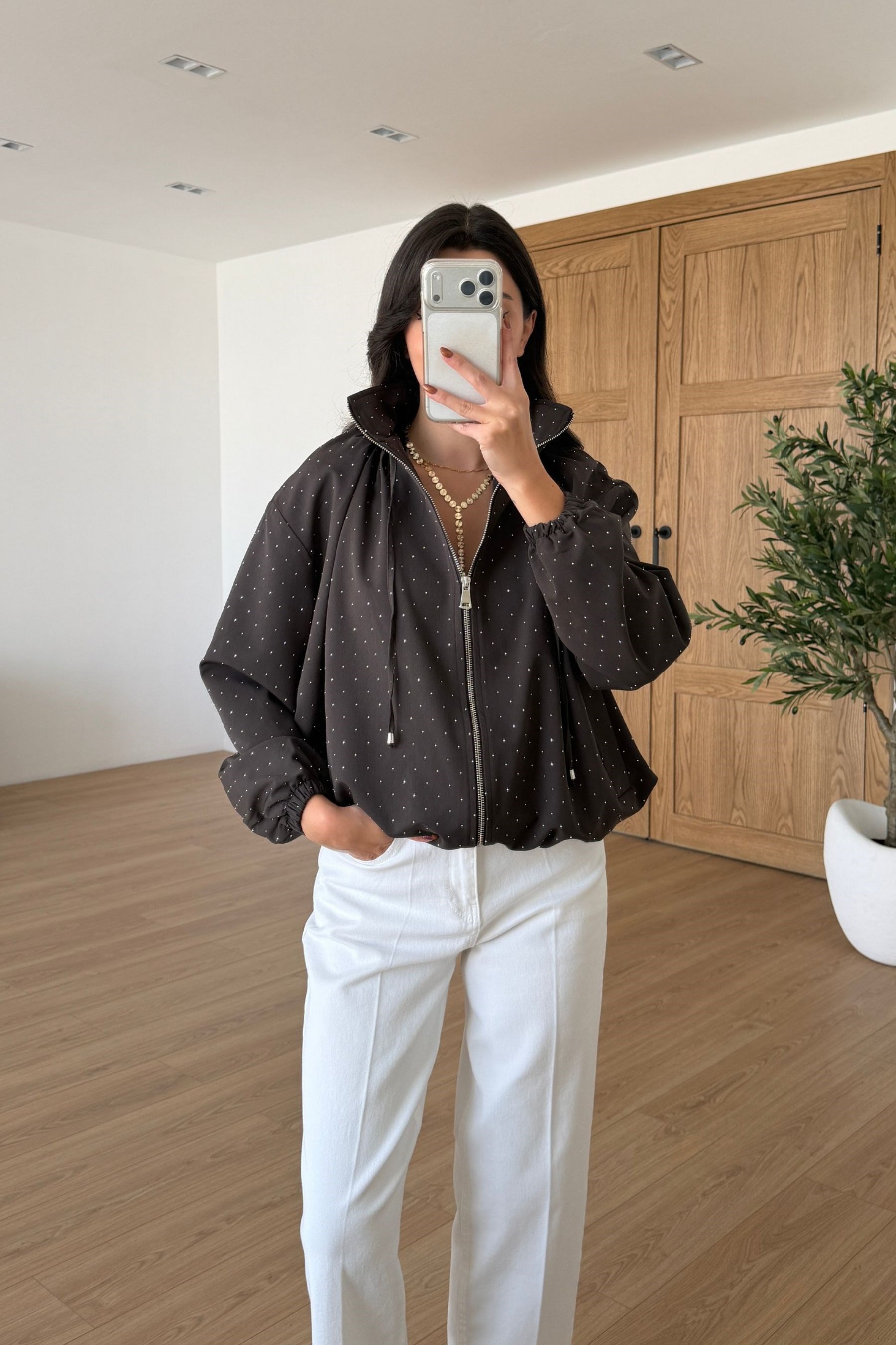 Tracy Kahve Taşlı Tasarım Bomber Ceket
