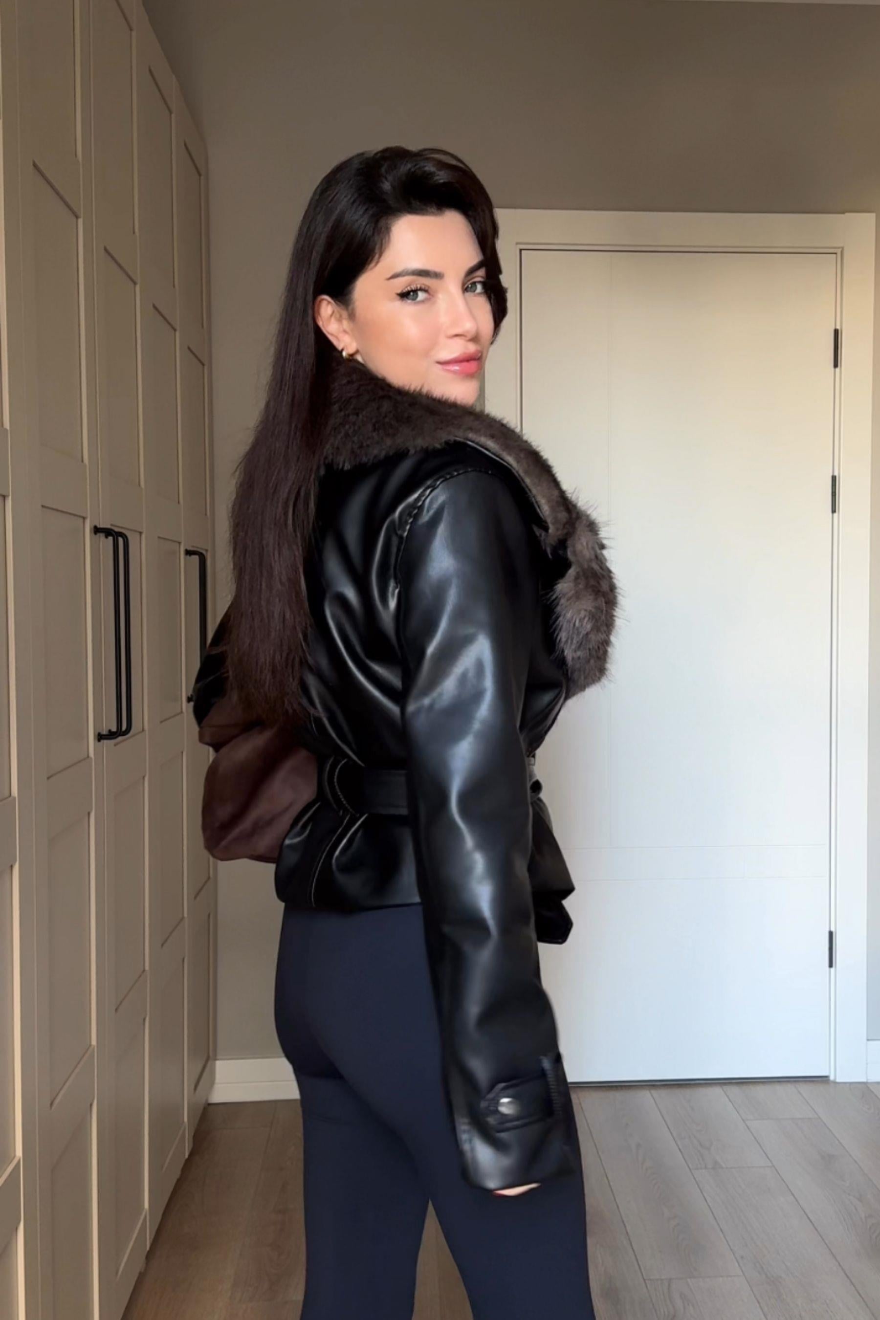 Veronica Siyah Premium Kürklü Deri Ceket