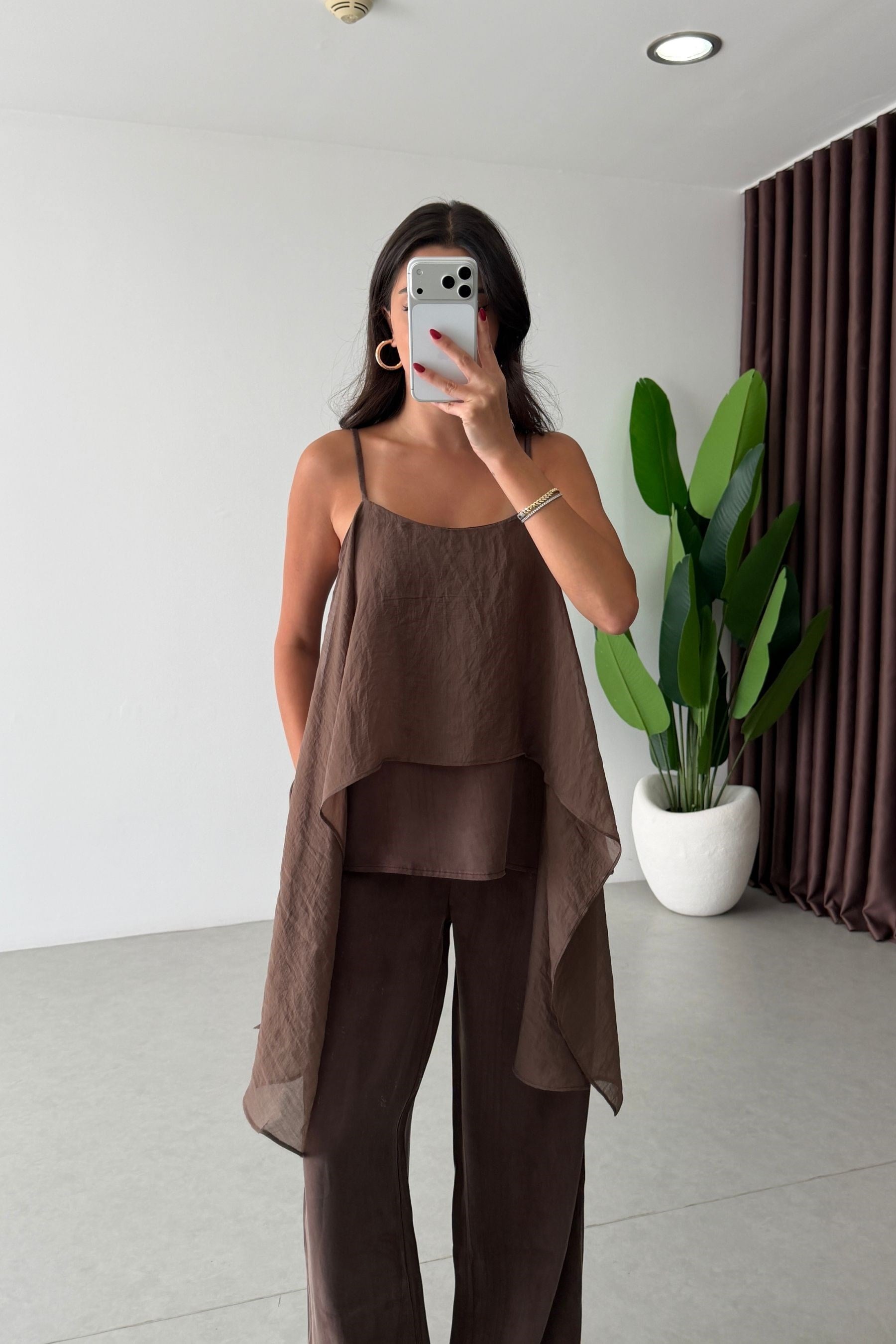 Vista Kahve Pelerinli Bluz Pantolon Takım