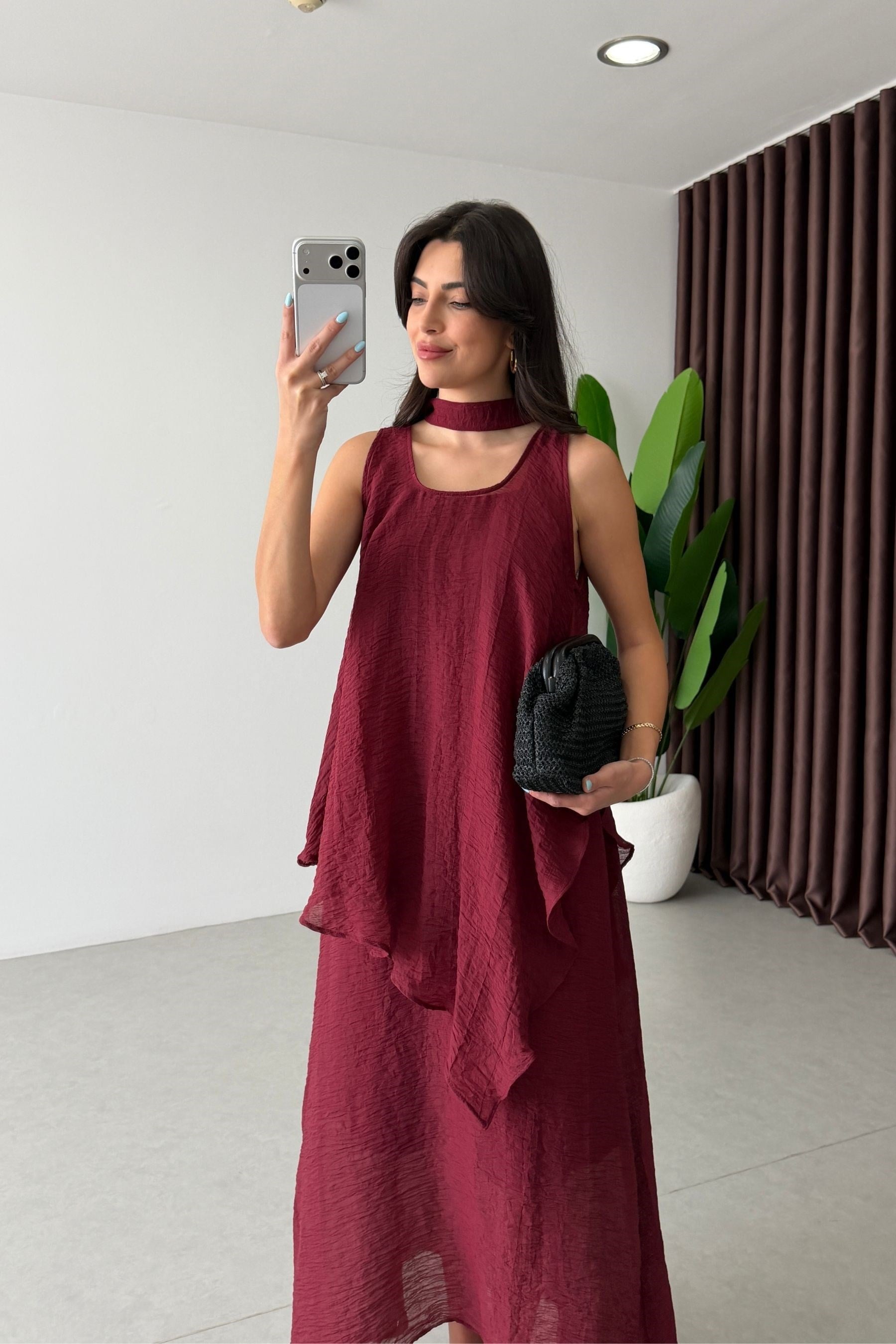 Voe Bordo Şallı Bluz Elbise Takım