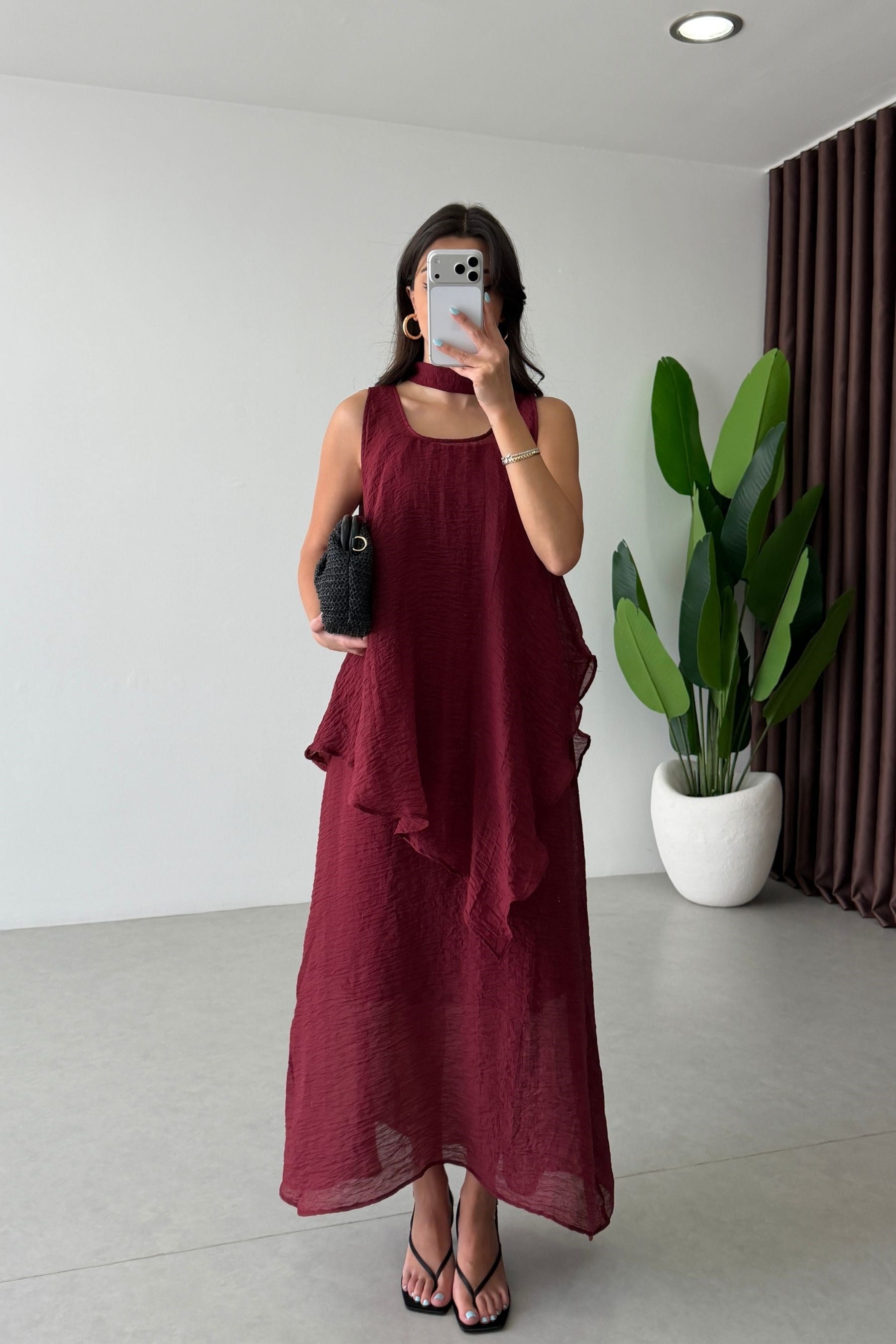 Voe Bordo Şallı Bluz Elbise Takım