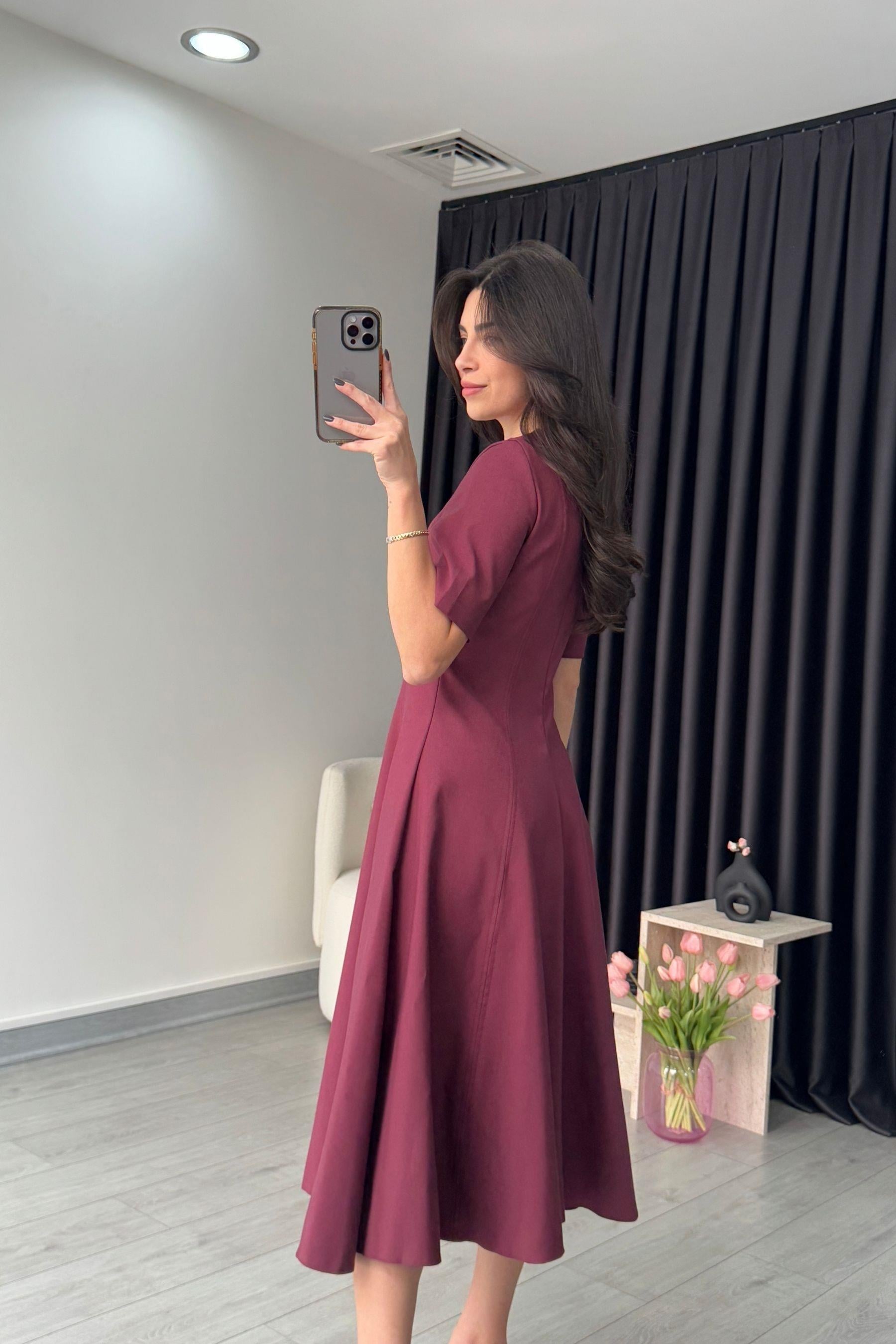 Yarım Kol Mürdüm Kloş Elbise