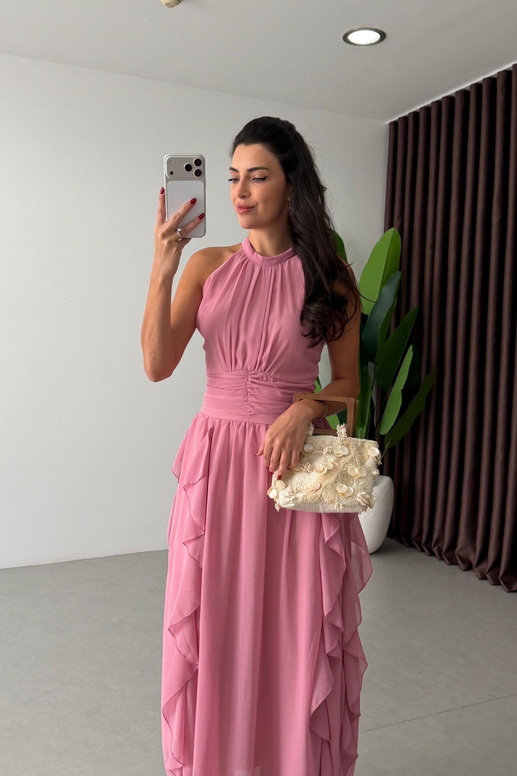 Zoey Pembe Fırfırlı Şifon Elbise