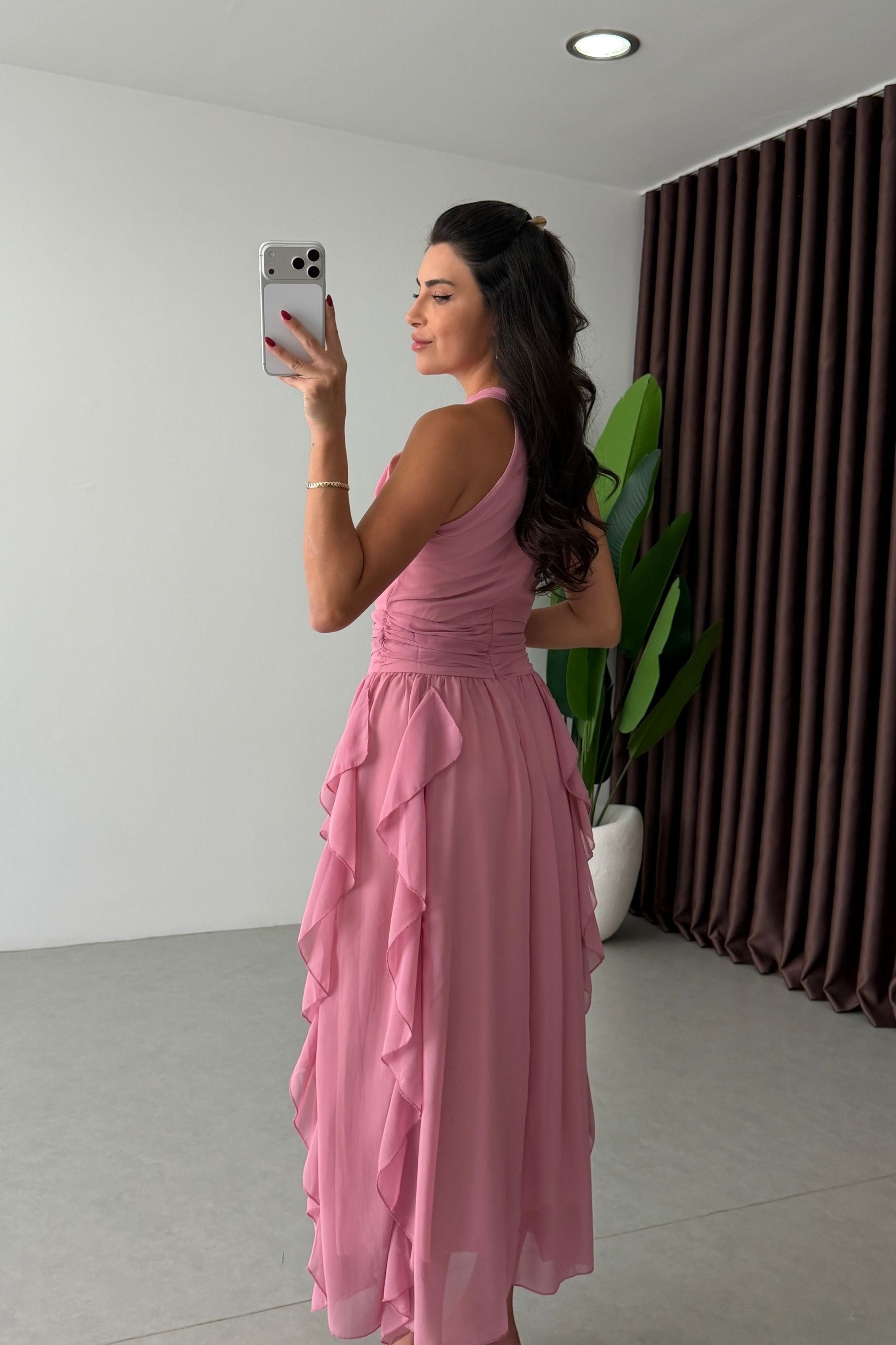Zoey Pembe Fırfırlı Şifon Elbise