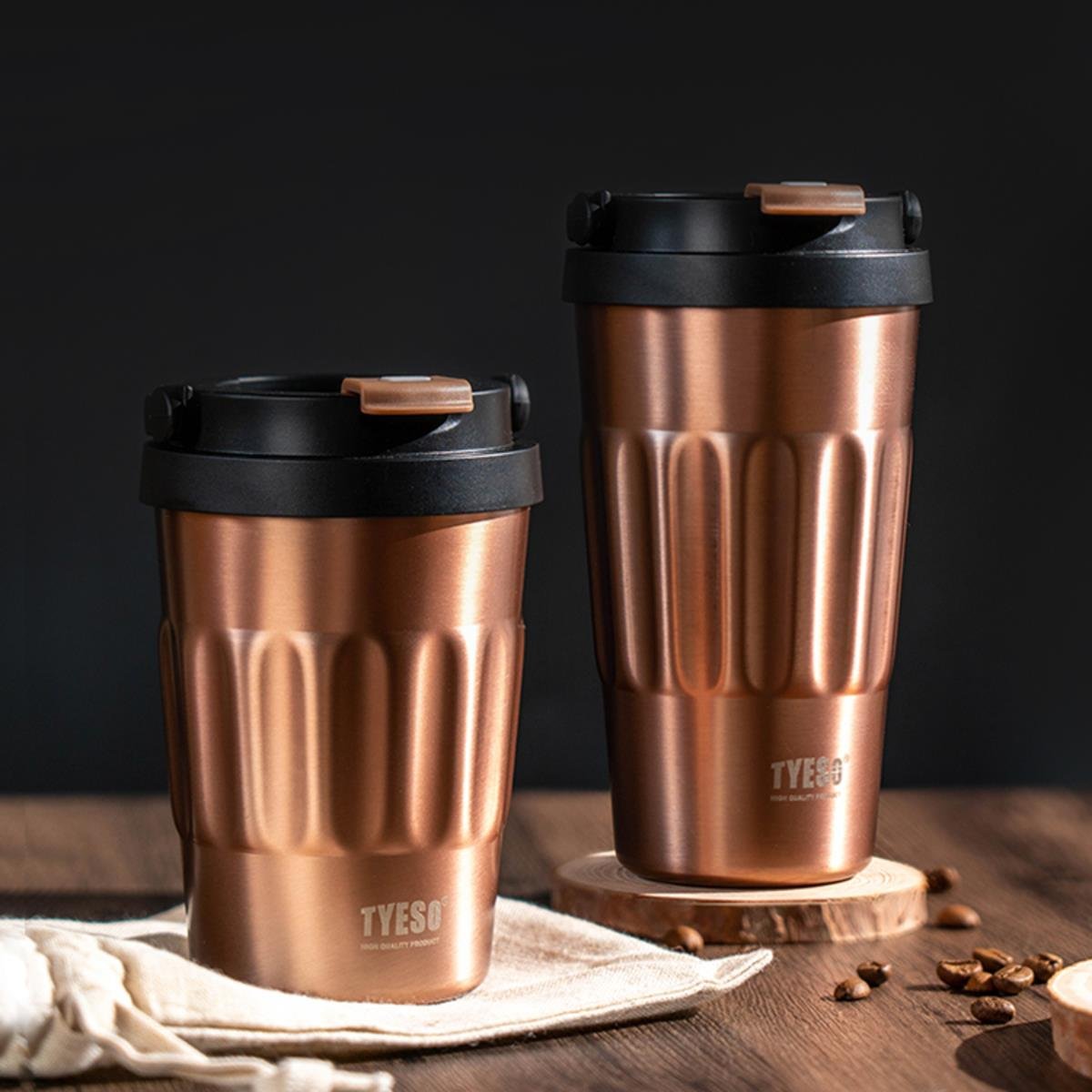 Tyeso Coffee Mug Vakumlu Paslanmaz Çelik Taşıma Kulplu Bakır Termos, 400 ml
