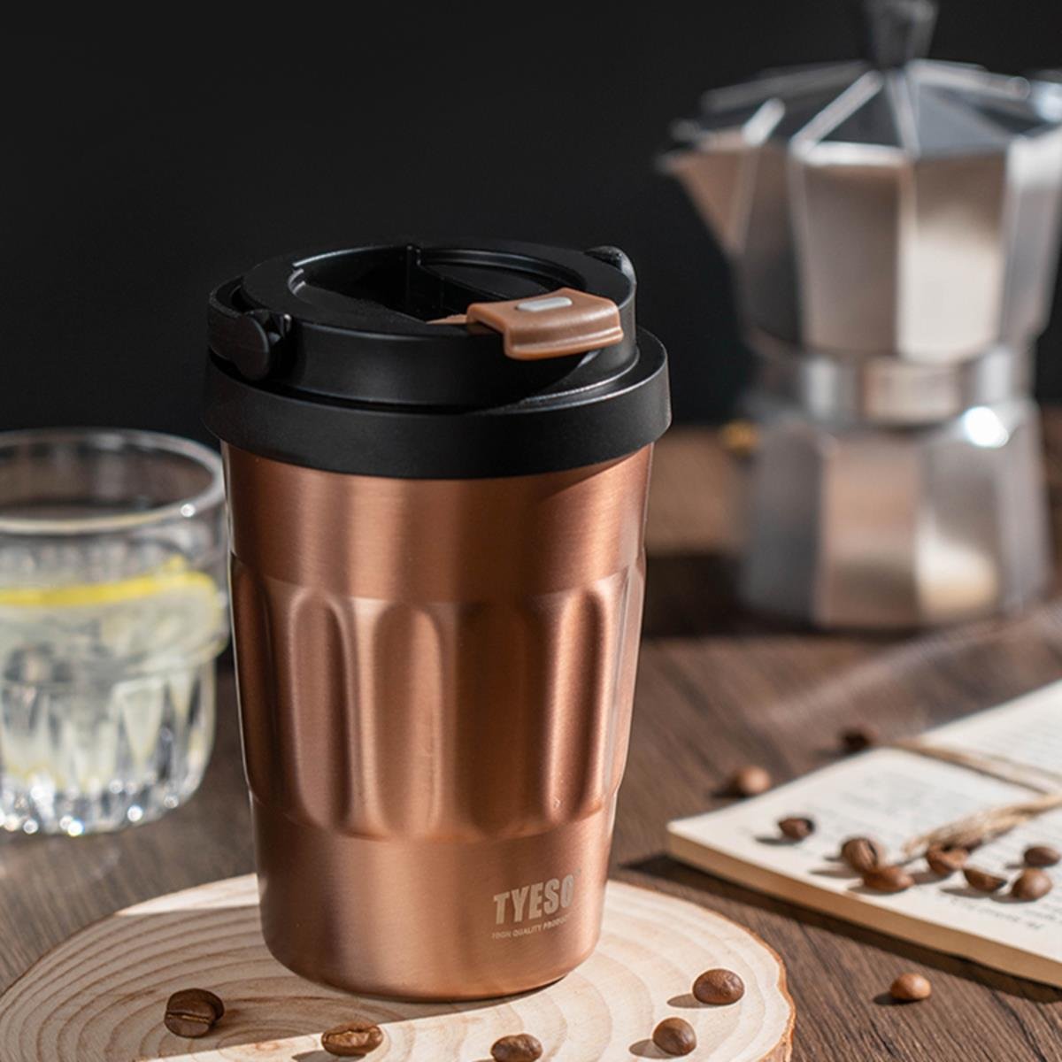 Tyeso Coffee Mug Vakumlu Paslanmaz Çelik Taşıma Kulplu Bakır Termos, 400 ml