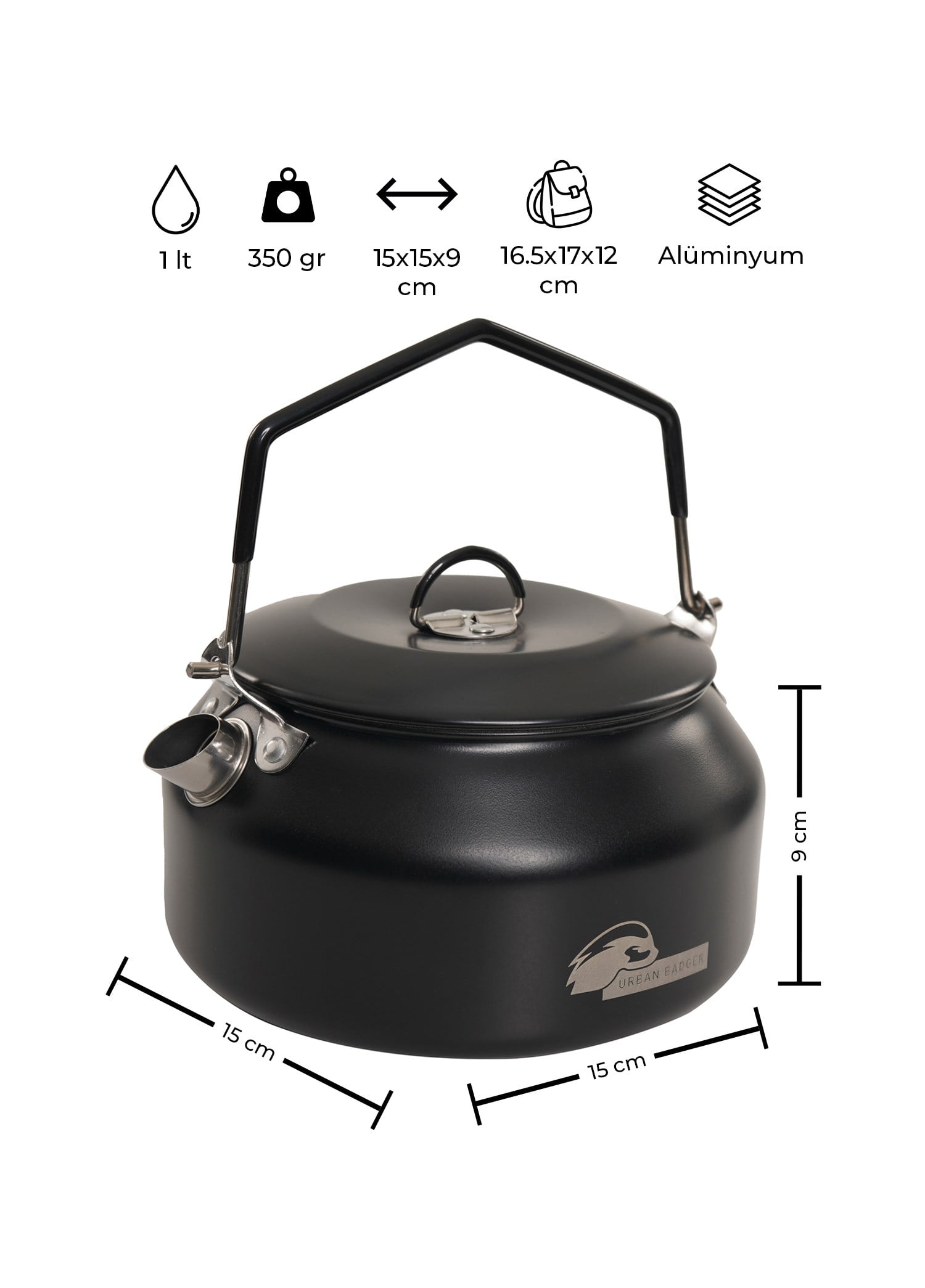 Urban Badger Balbal 1 Litre Siyah Renkli Kamp Çaydanlık