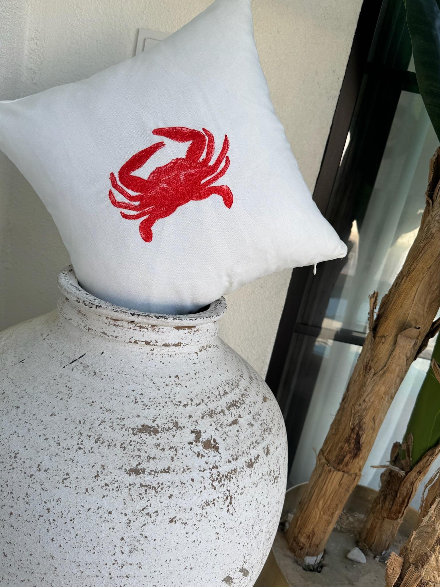 Re Marine Yengeç Nakışlı Kırlent Kılıfı  Beyaz