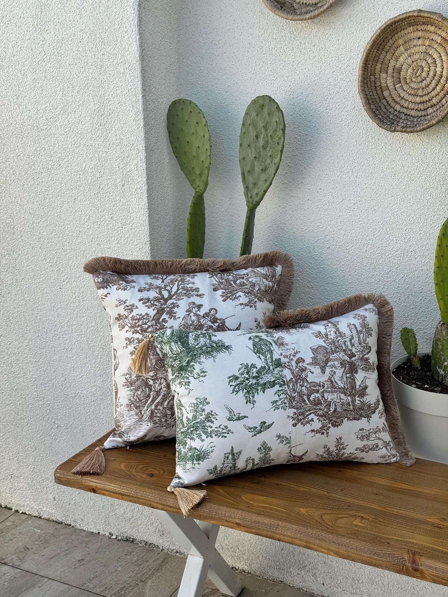 Toile De Jouy  Kırlent Kılıfı Kahve - Yeşil