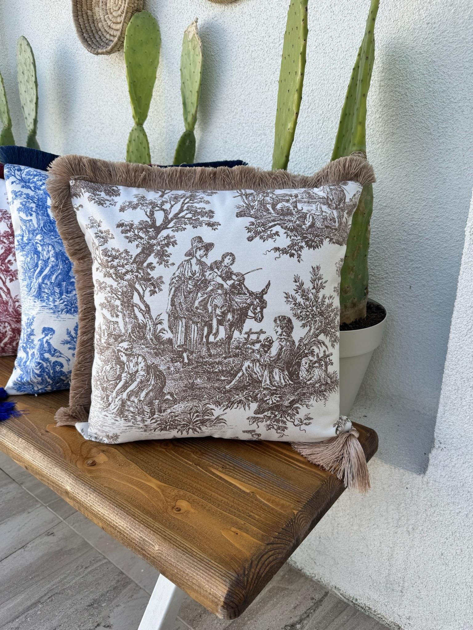 Toile De Jouy Kırlent Kılıfı Kahverengi