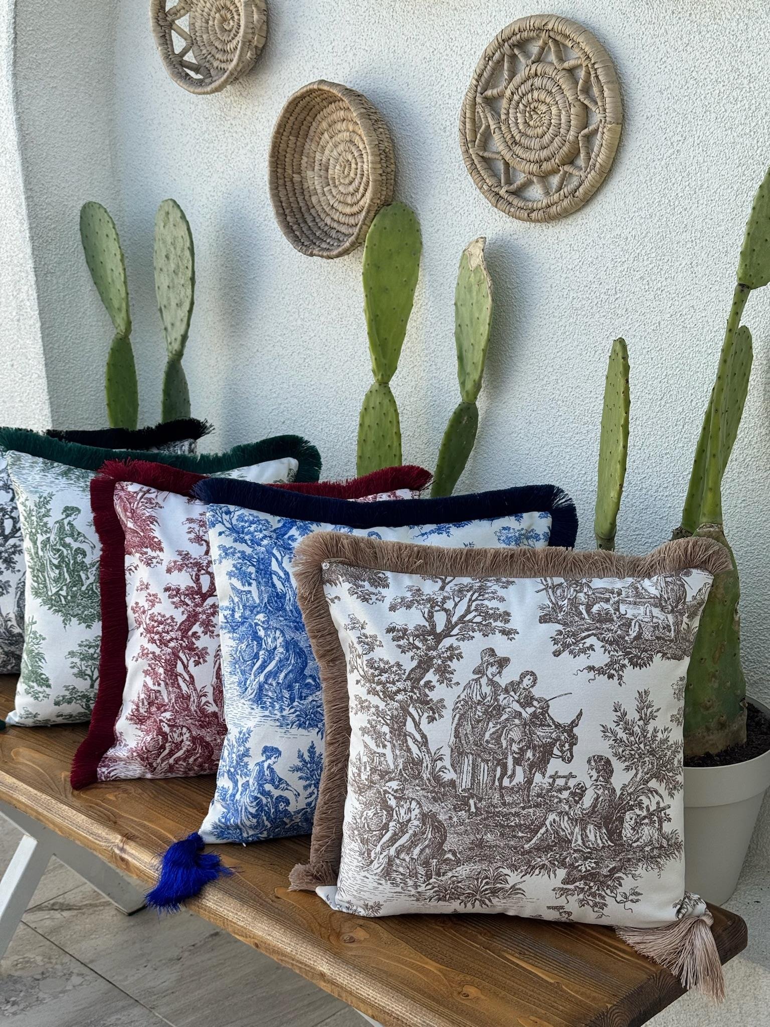 Toile De Jouy Kırlent Kılıfı Kahverengi