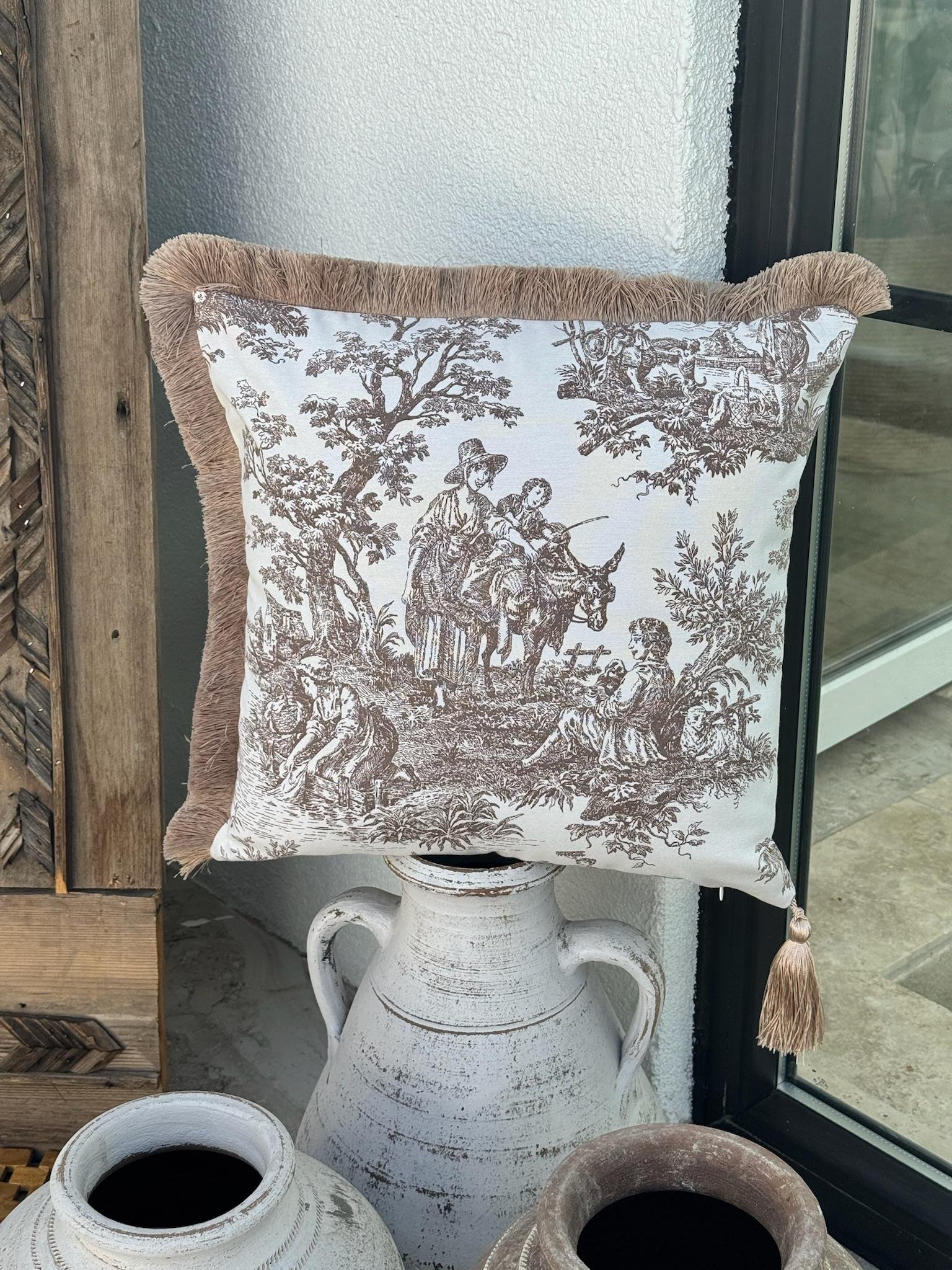 Toile De Jouy Kırlent Kılıfı Kahverengi