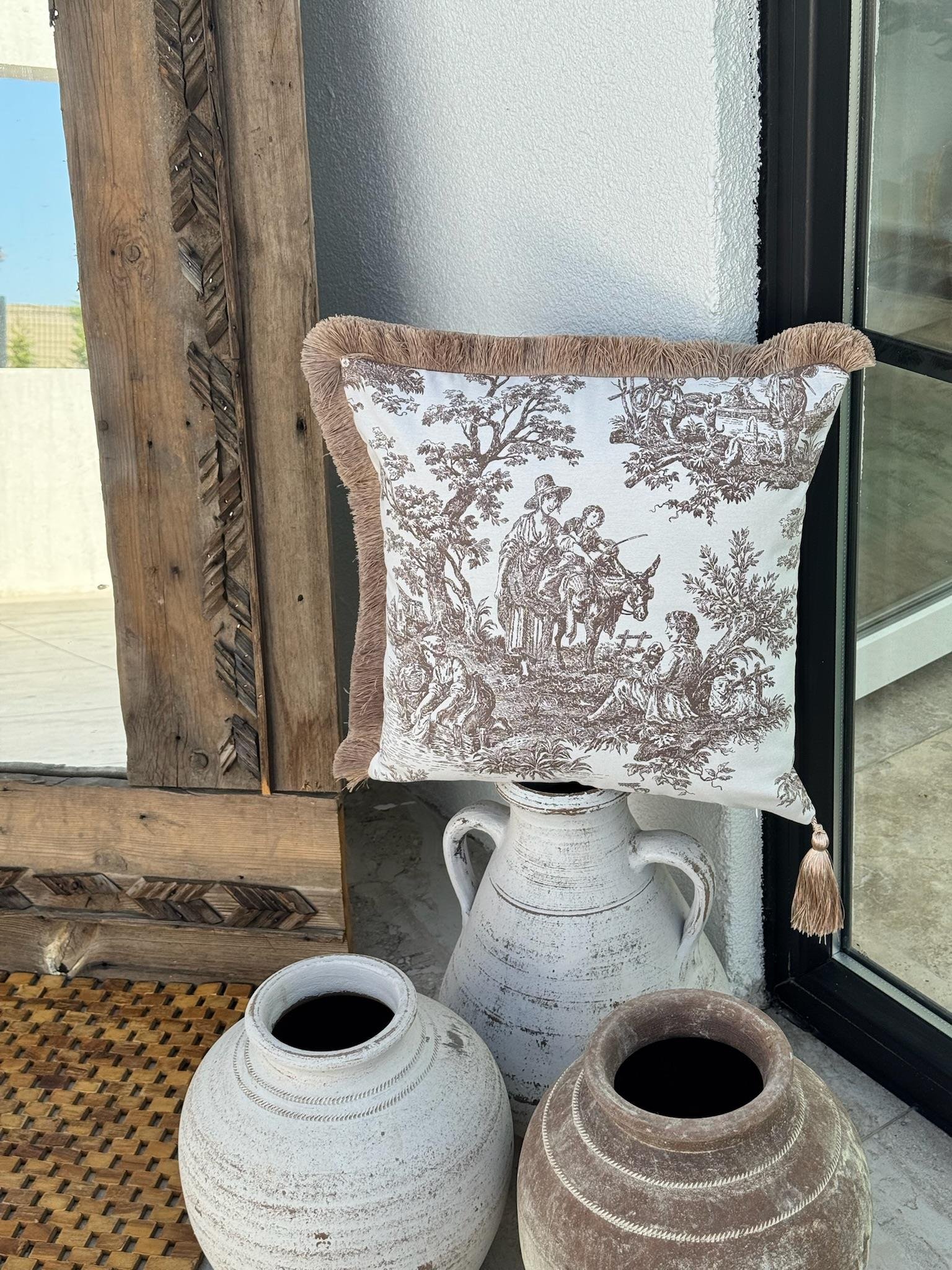 Toile De Jouy Kırlent Kılıfı Kahverengi