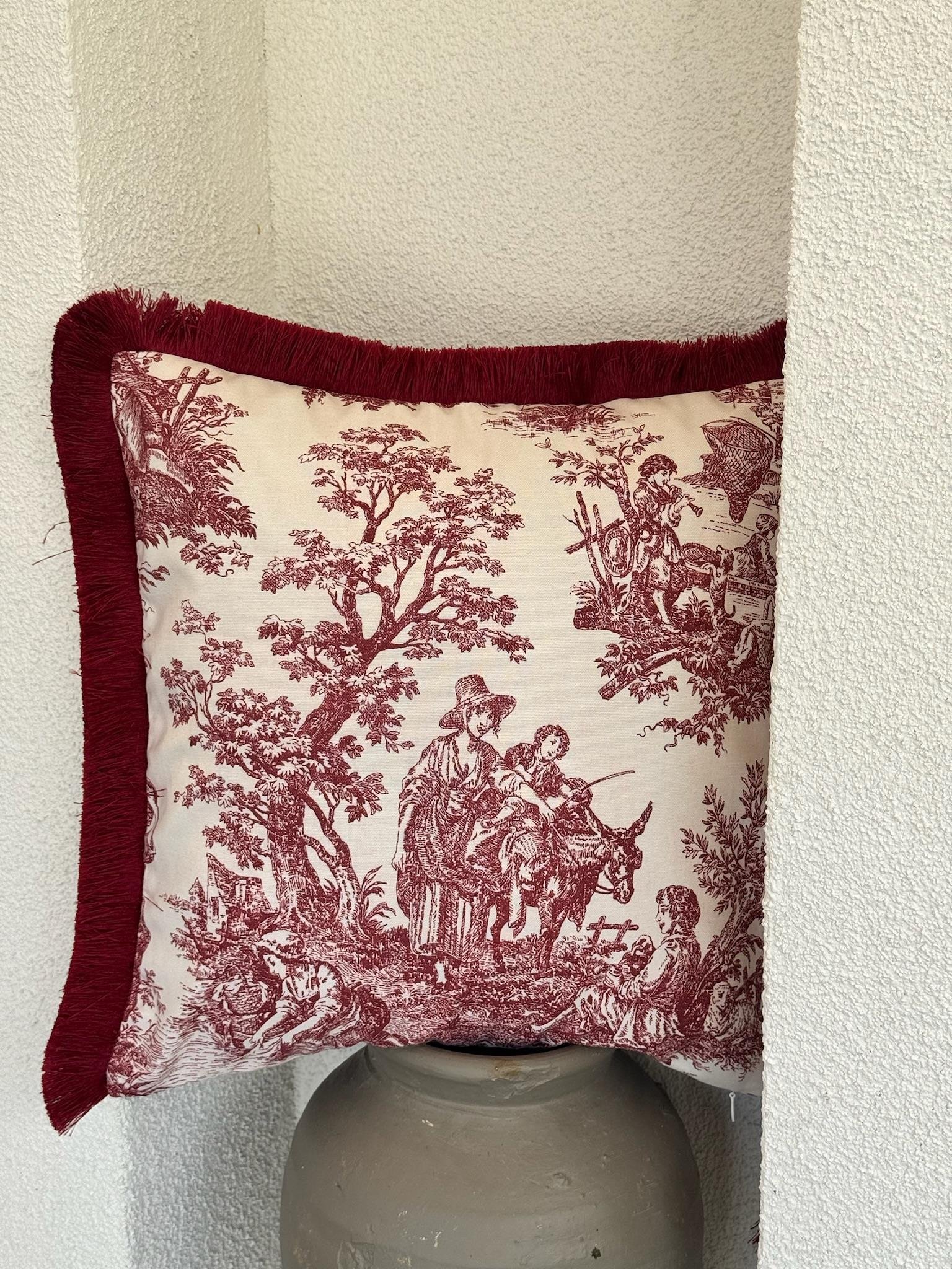Toile De Jouy Kırlent Kılıfı Kırmızı