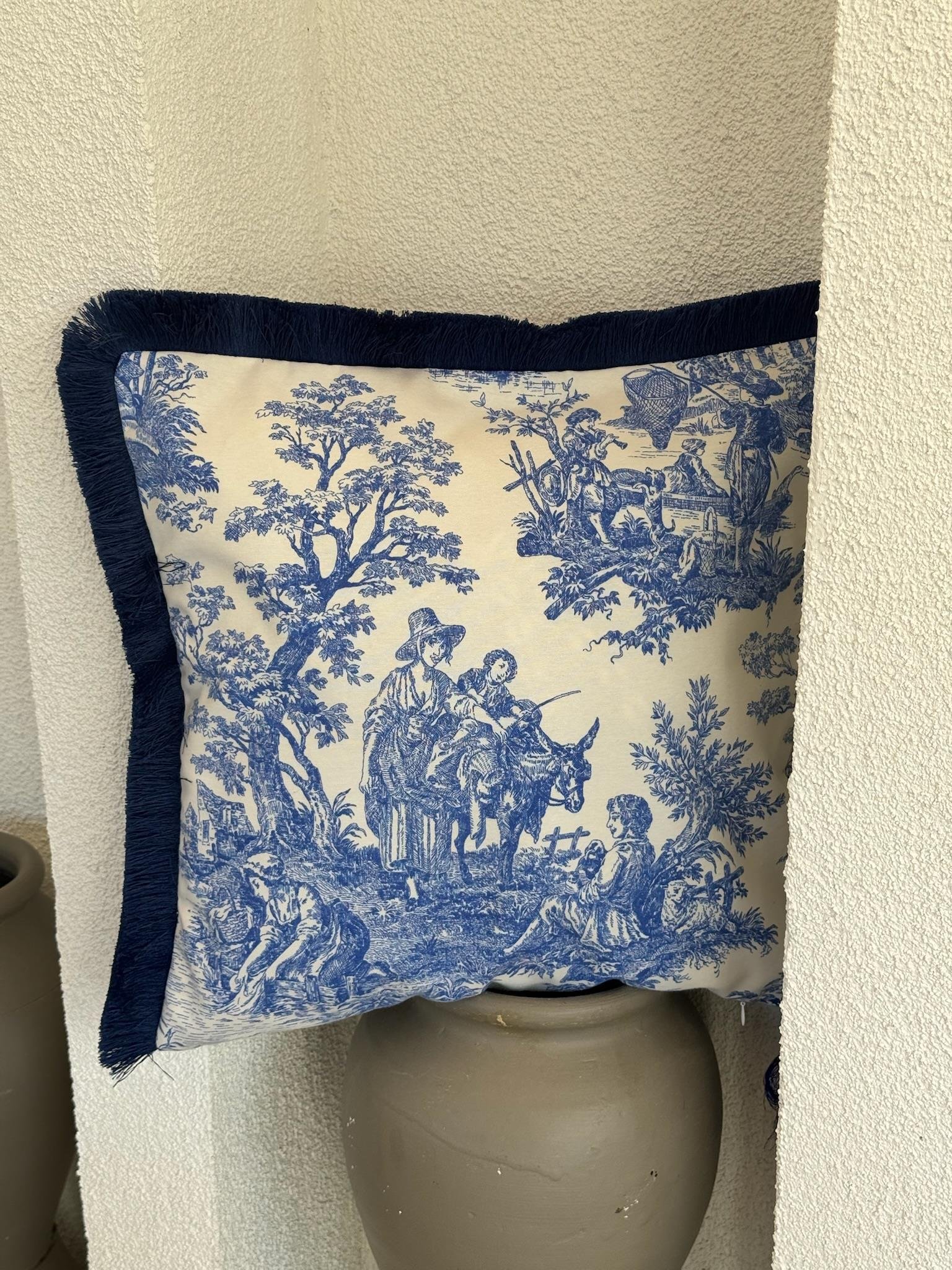 Toile De Jouy Kırlent Kılıfı Mavi 