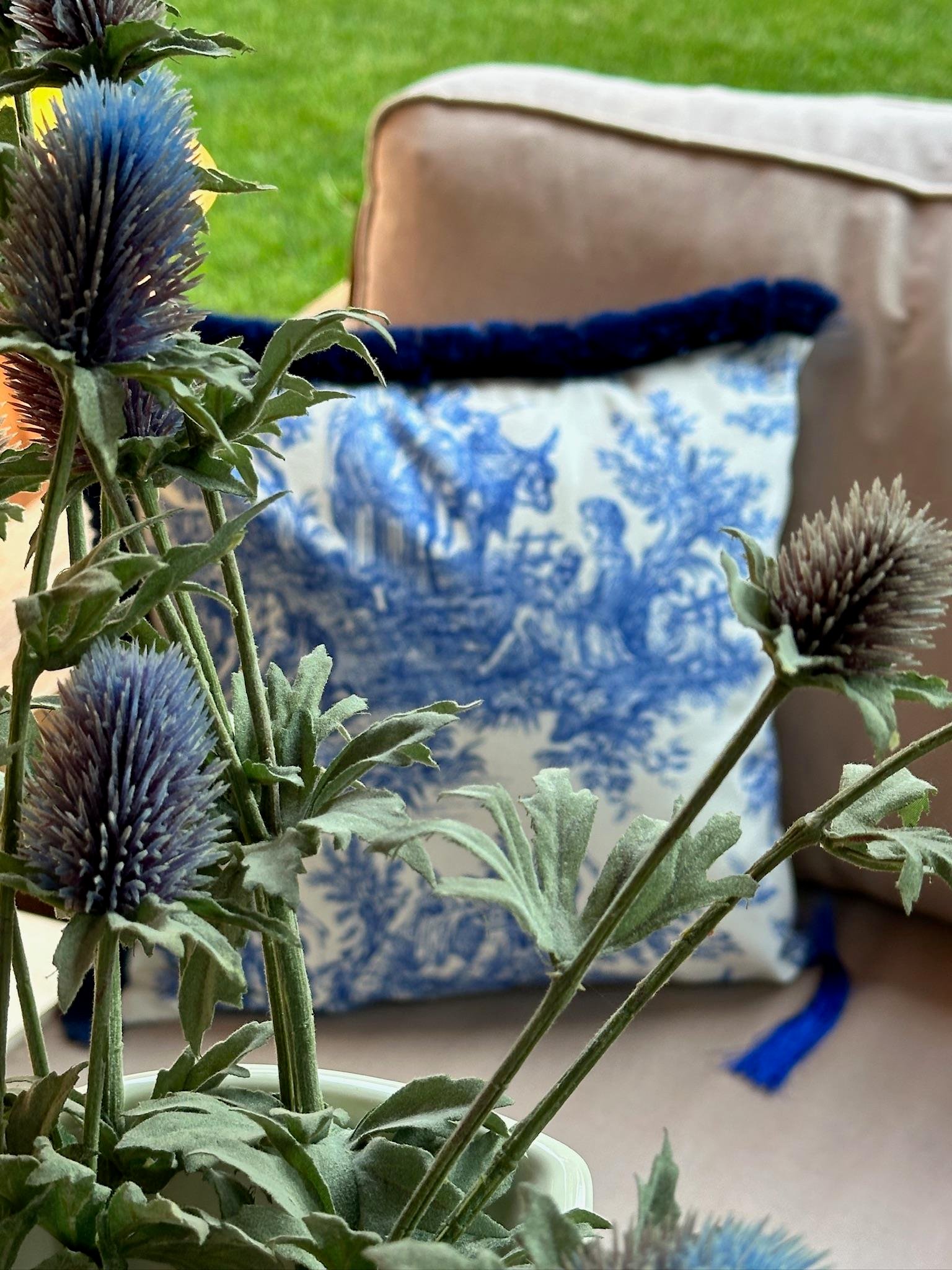 Toile De Jouy Kırlent Kılıfı Mavi 