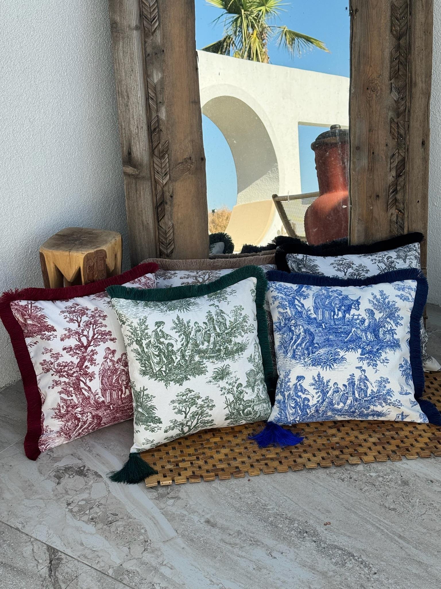 Toile De Jouy Kırlent Kılıfı Mavi 