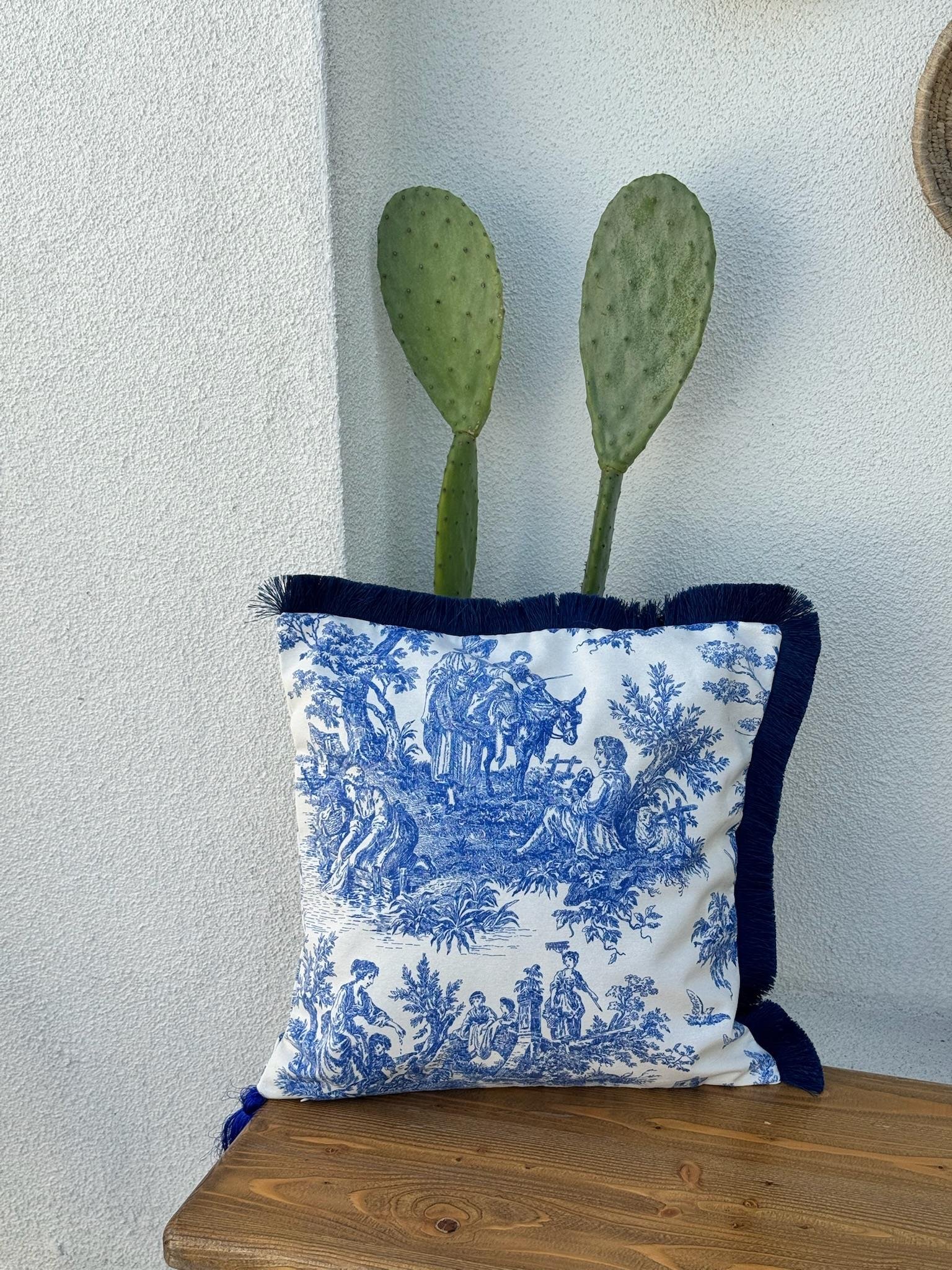 Toile De Jouy Kırlent Kılıfı Mavi 
