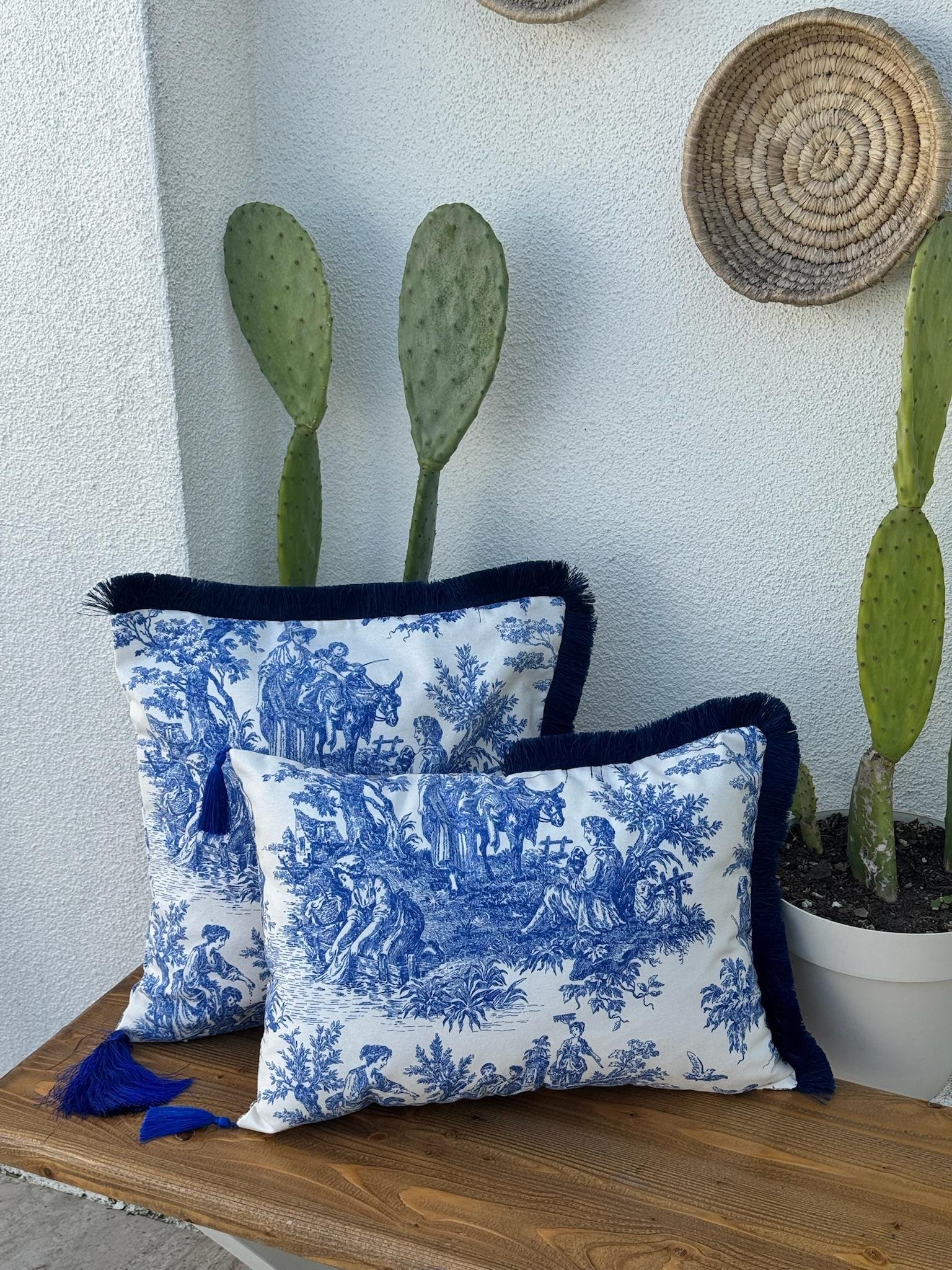Toile De Jouy  Kırlent Kılıfı Mavi - Kahve