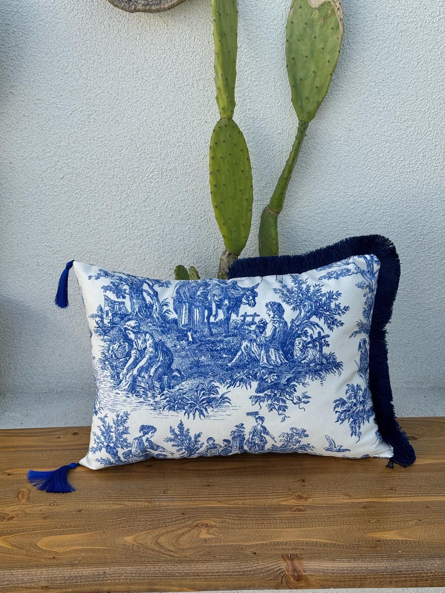 Toile De Jouy  Kırlent Kılıfı Mavi - Kahve