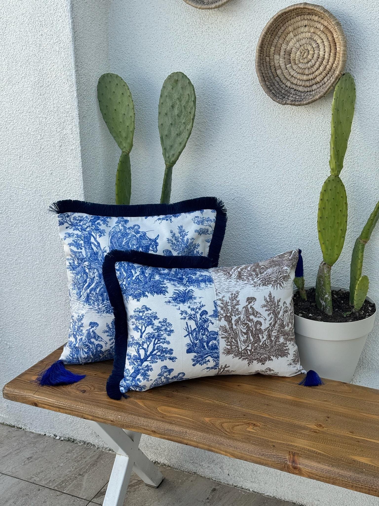 Toile De Jouy  Kırlent Kılıfı Mavi - Kahve