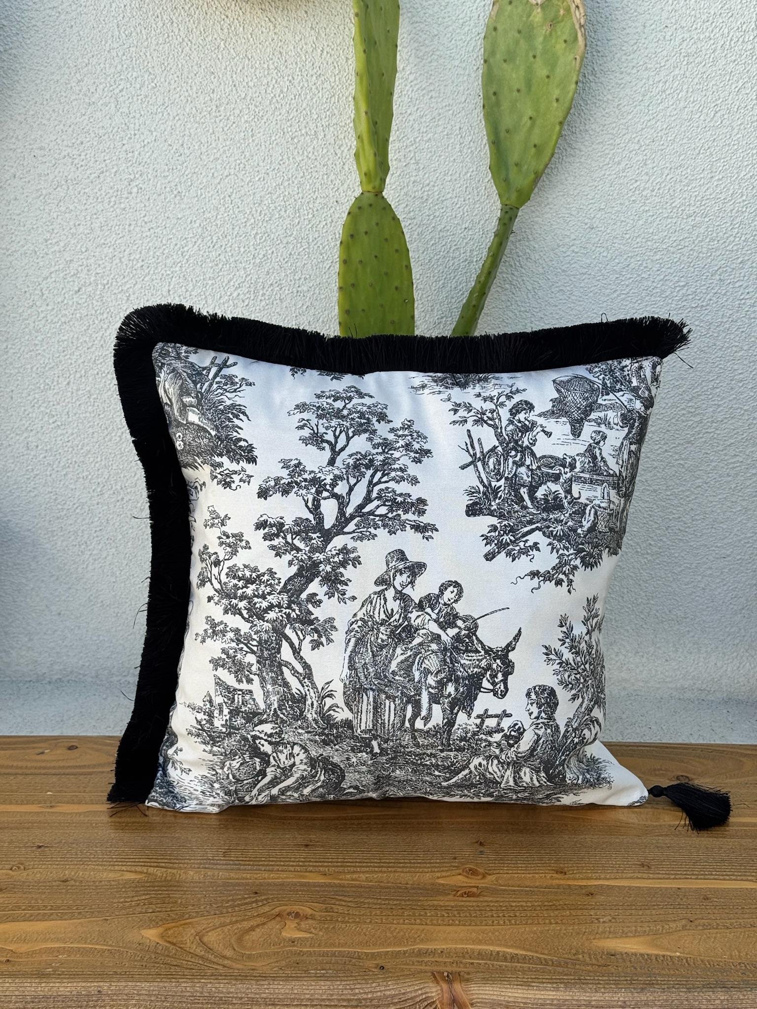 Toile De Jouy Kırlent Kılıfı Siyah 
