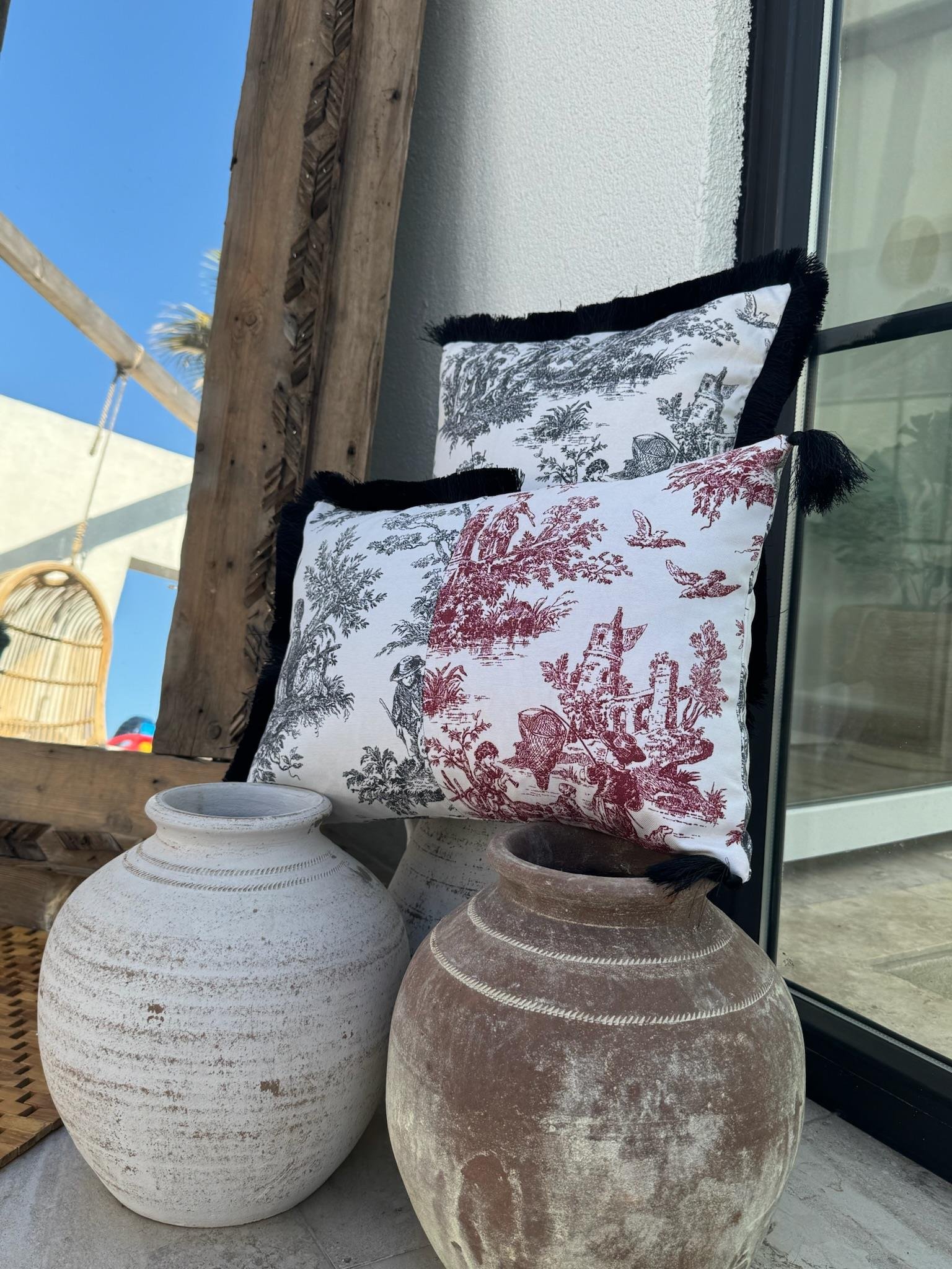 Toile De Jouy  Kırlent Kılıfı Siyah - Kırmızı