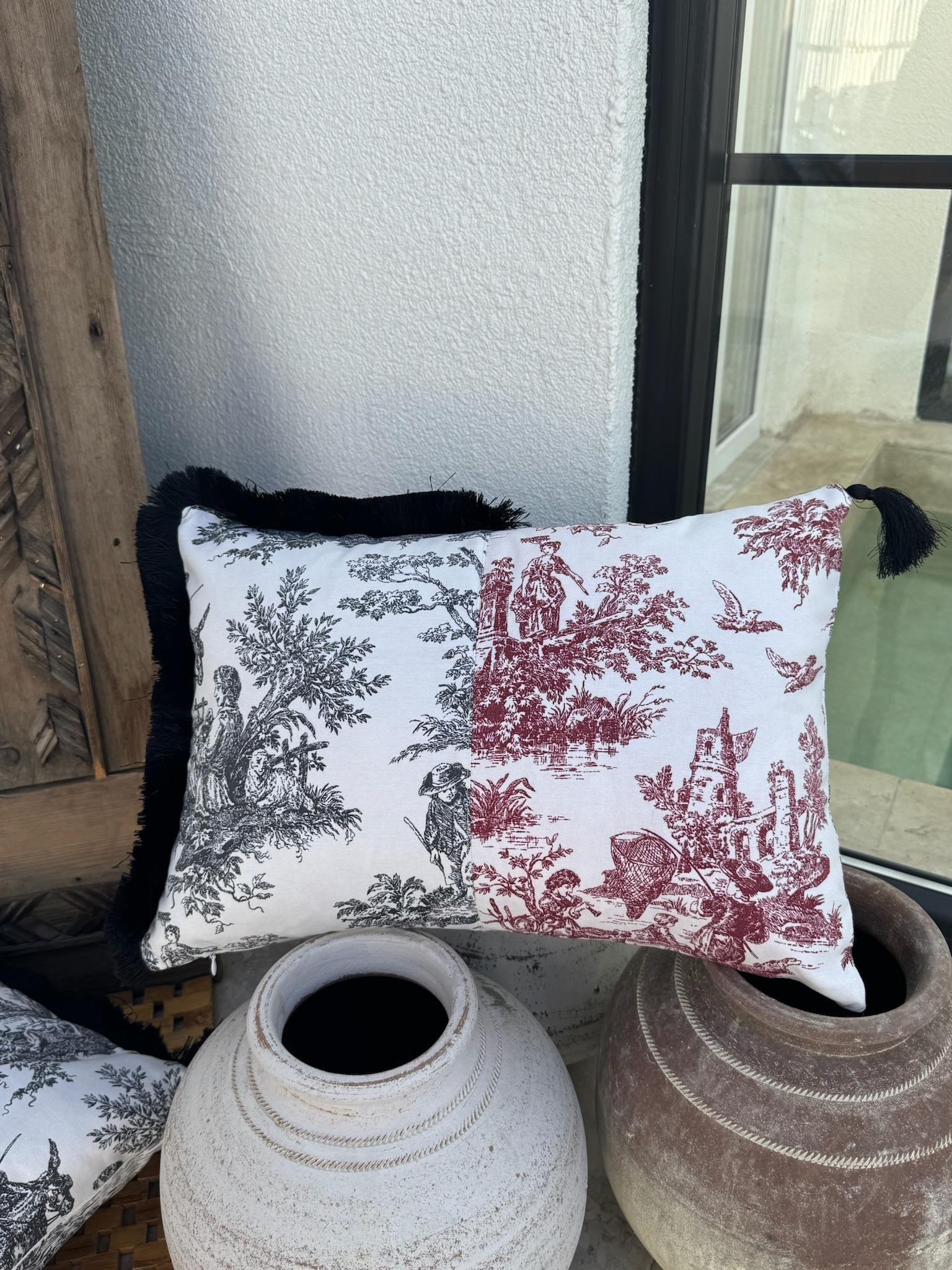 Toile De Jouy  Kırlent Kılıfı Siyah - Kırmızı