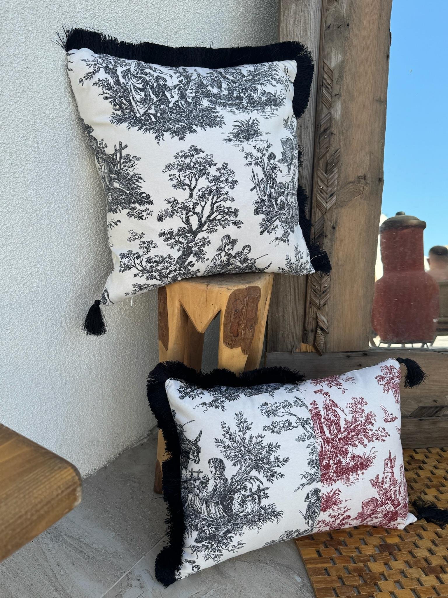 Toile De Jouy  Kırlent Kılıfı Siyah - Kırmızı