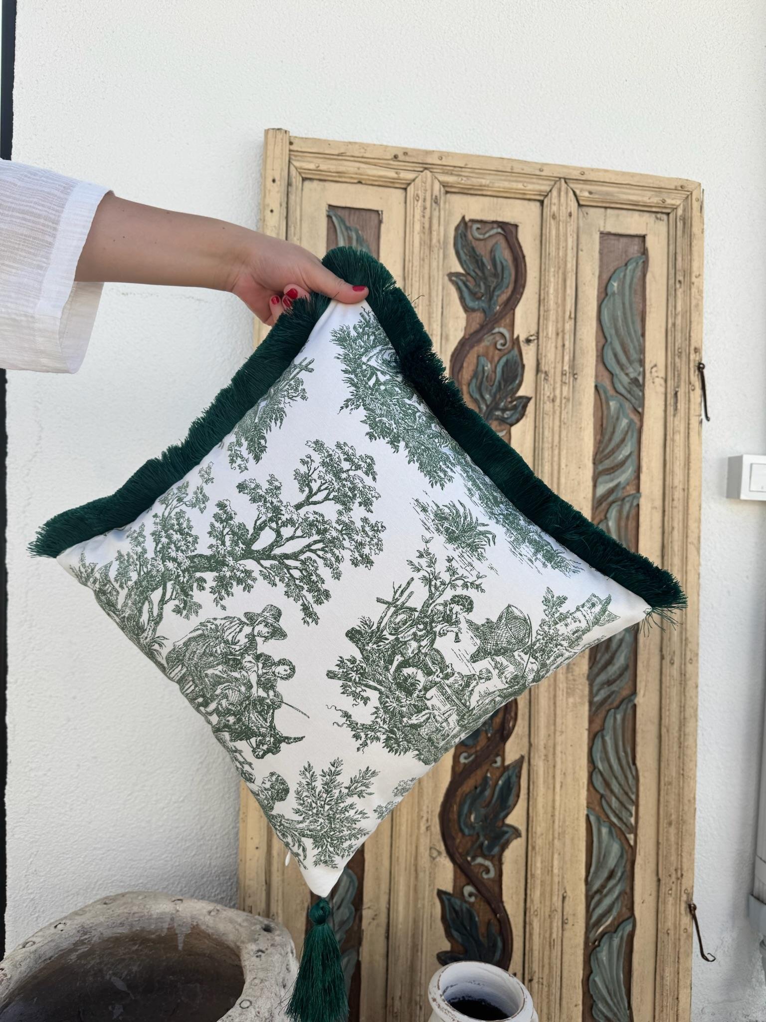 Toile De Jouy Kırlent Kılıfı Yeşil 