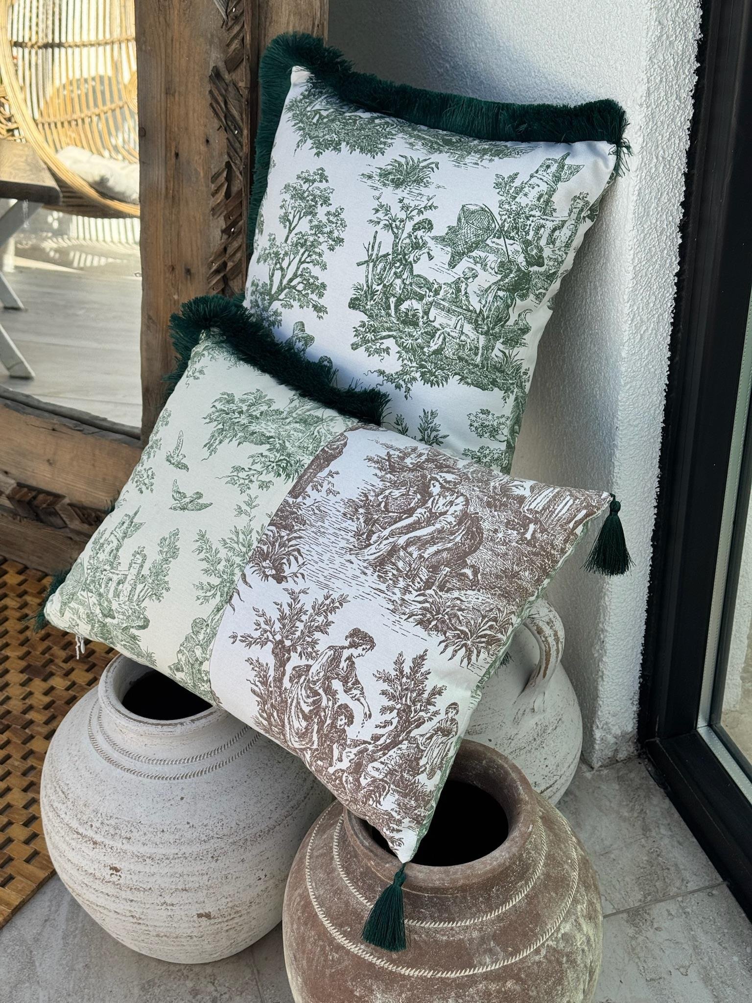 Toile De Jouy  Kırlent Kılıfı Yeşil - Kahve