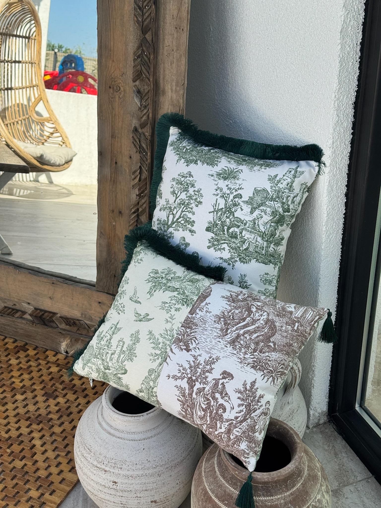 Toile De Jouy  Kırlent Kılıfı Yeşil - Kahve