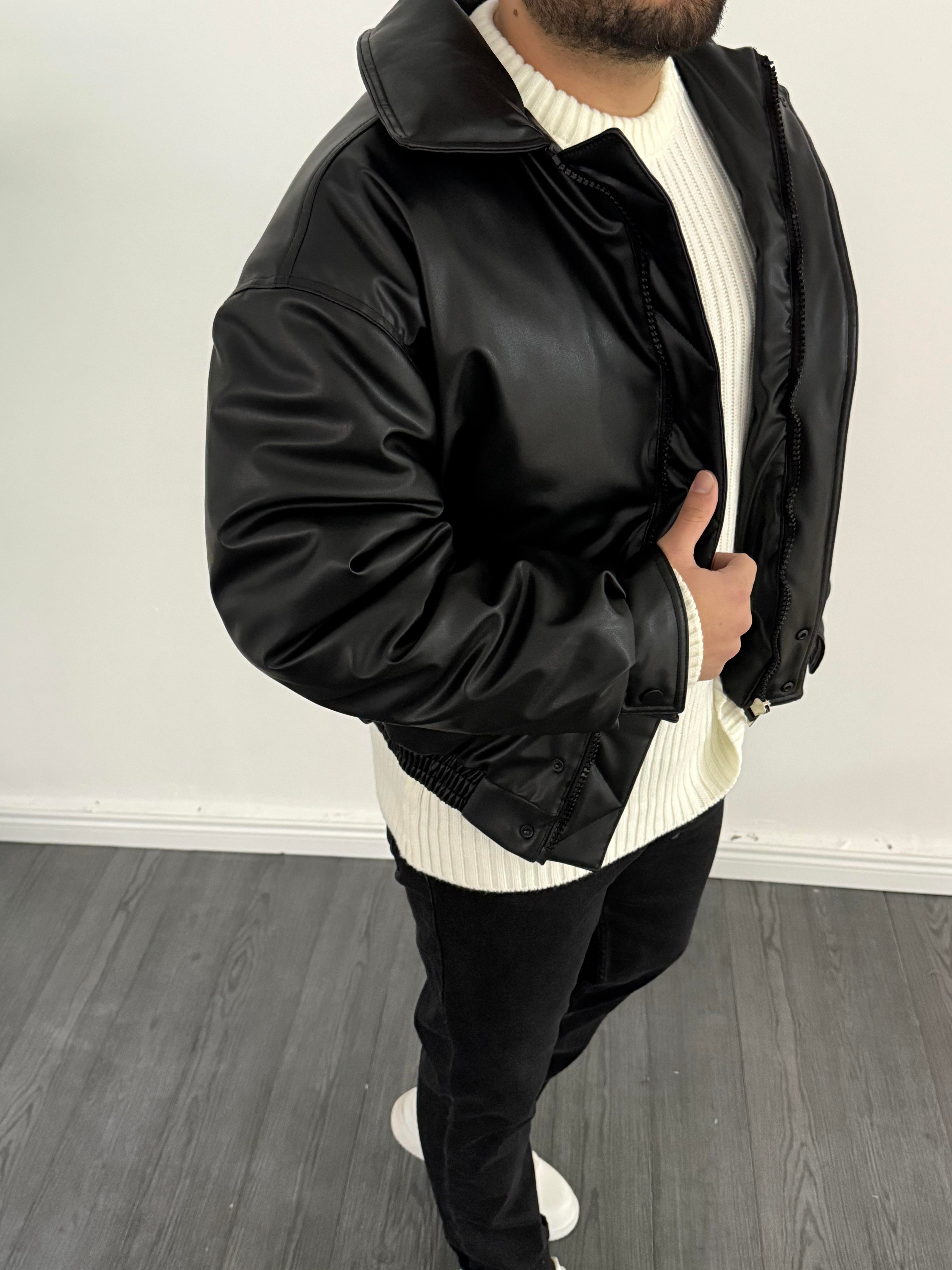 Bomber Oversize Deri Mont Siyah