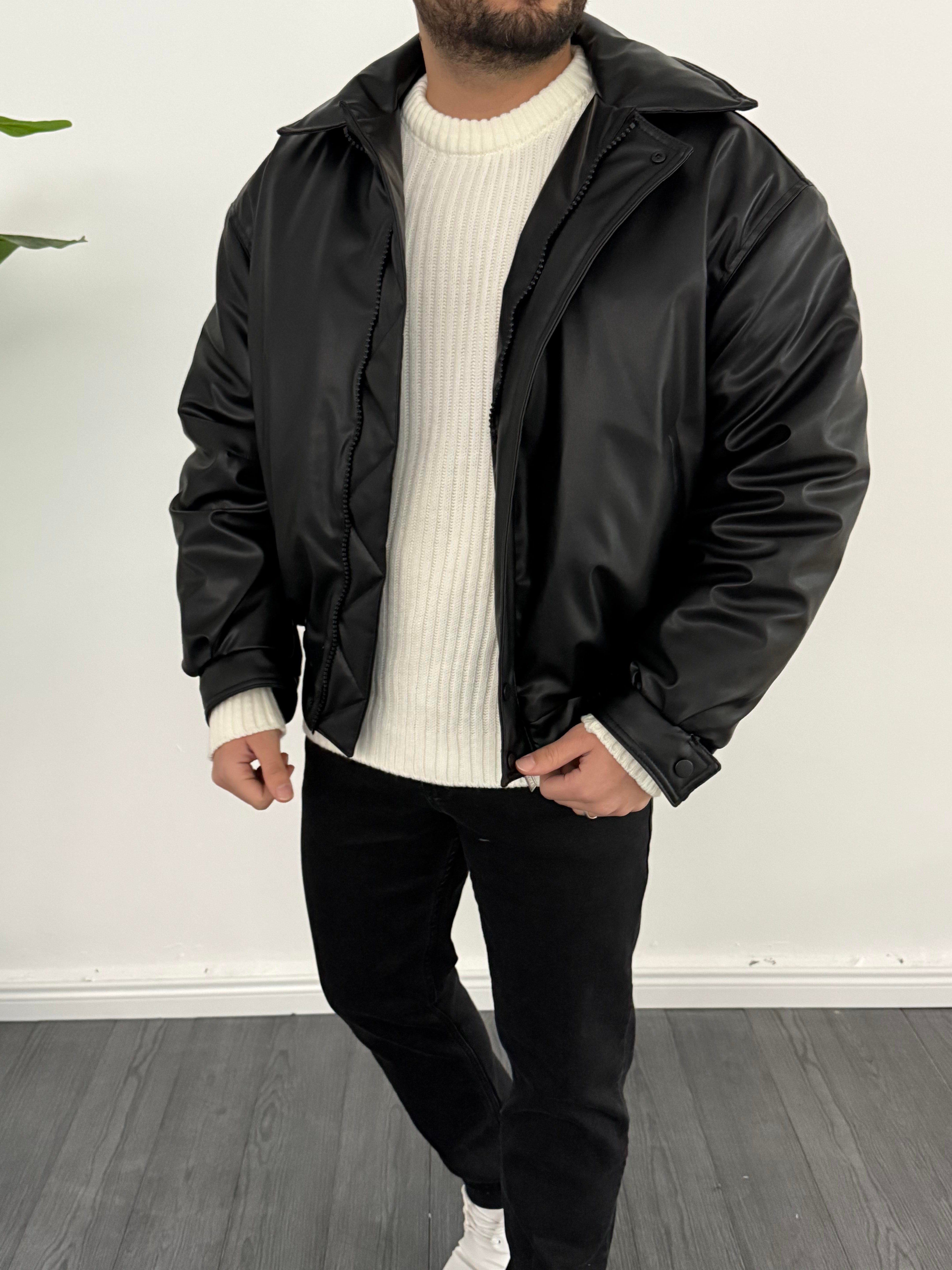 Bomber Oversize Deri Mont Siyah