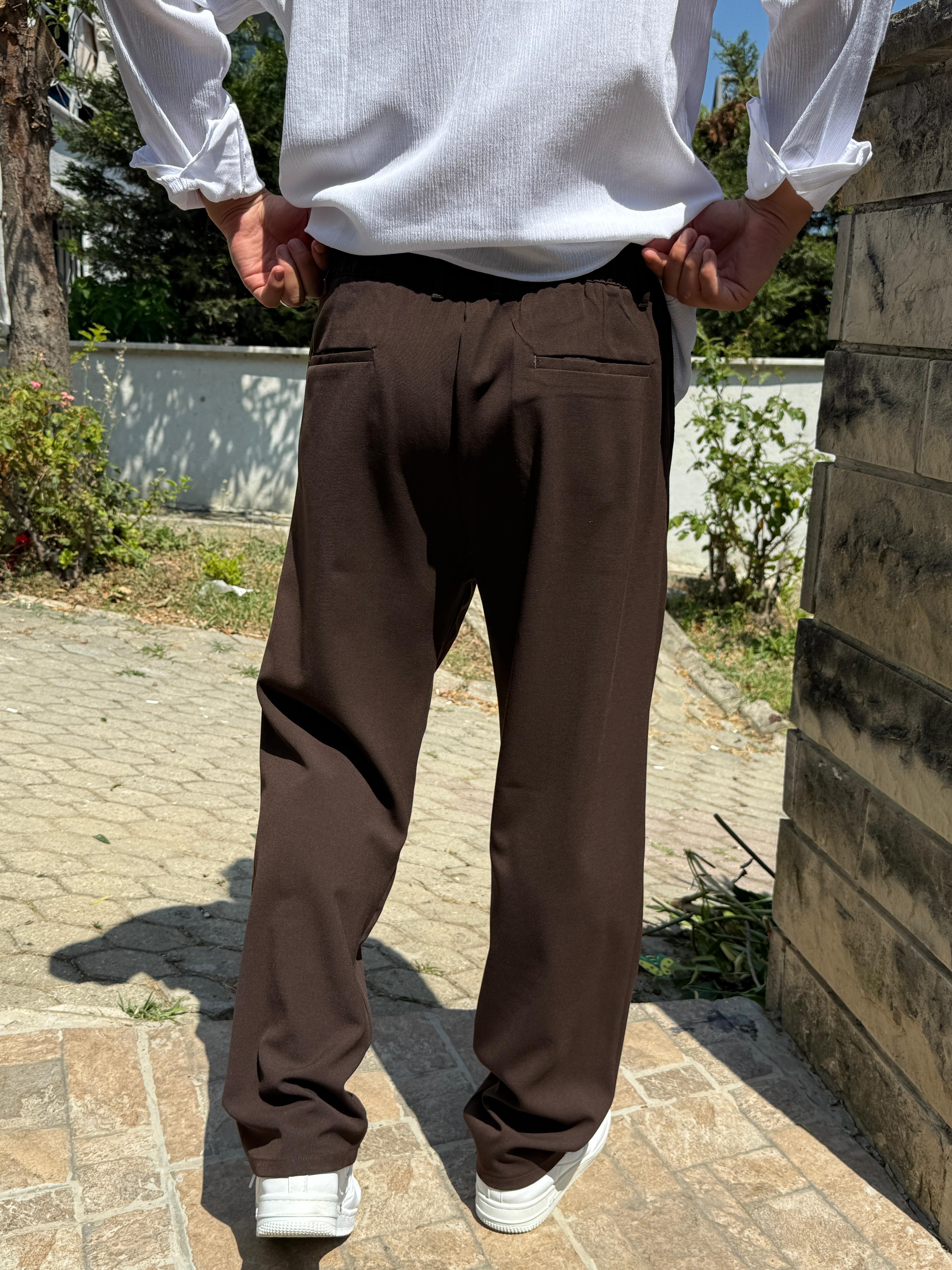 Kumaş Baggy Pile Detaylı Pantolon Acı Kahve