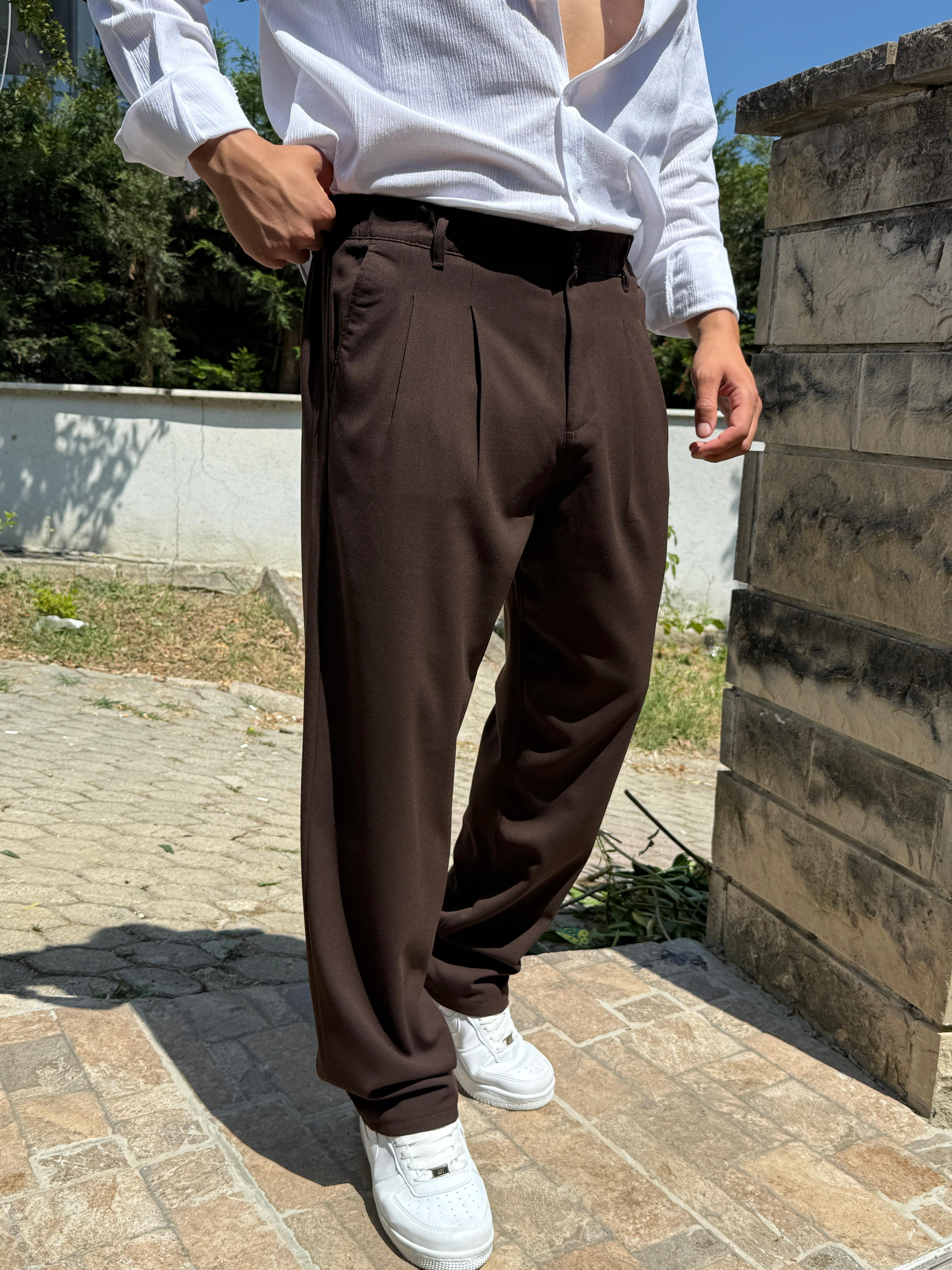 Kumaş Baggy Pile Detaylı Pantolon Acı Kahve