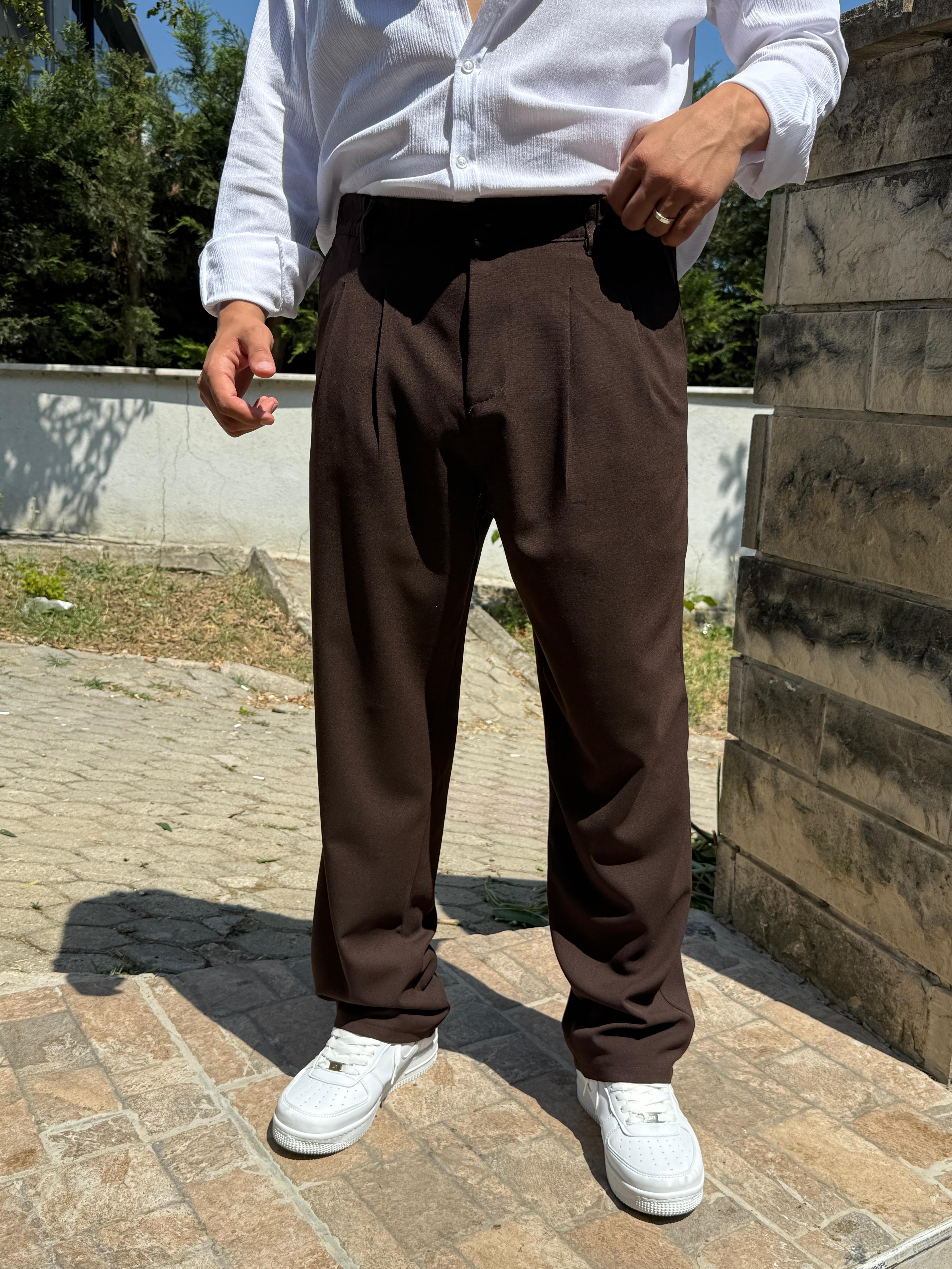 Kumaş Baggy Pile Detaylı Pantolon Acı Kahve