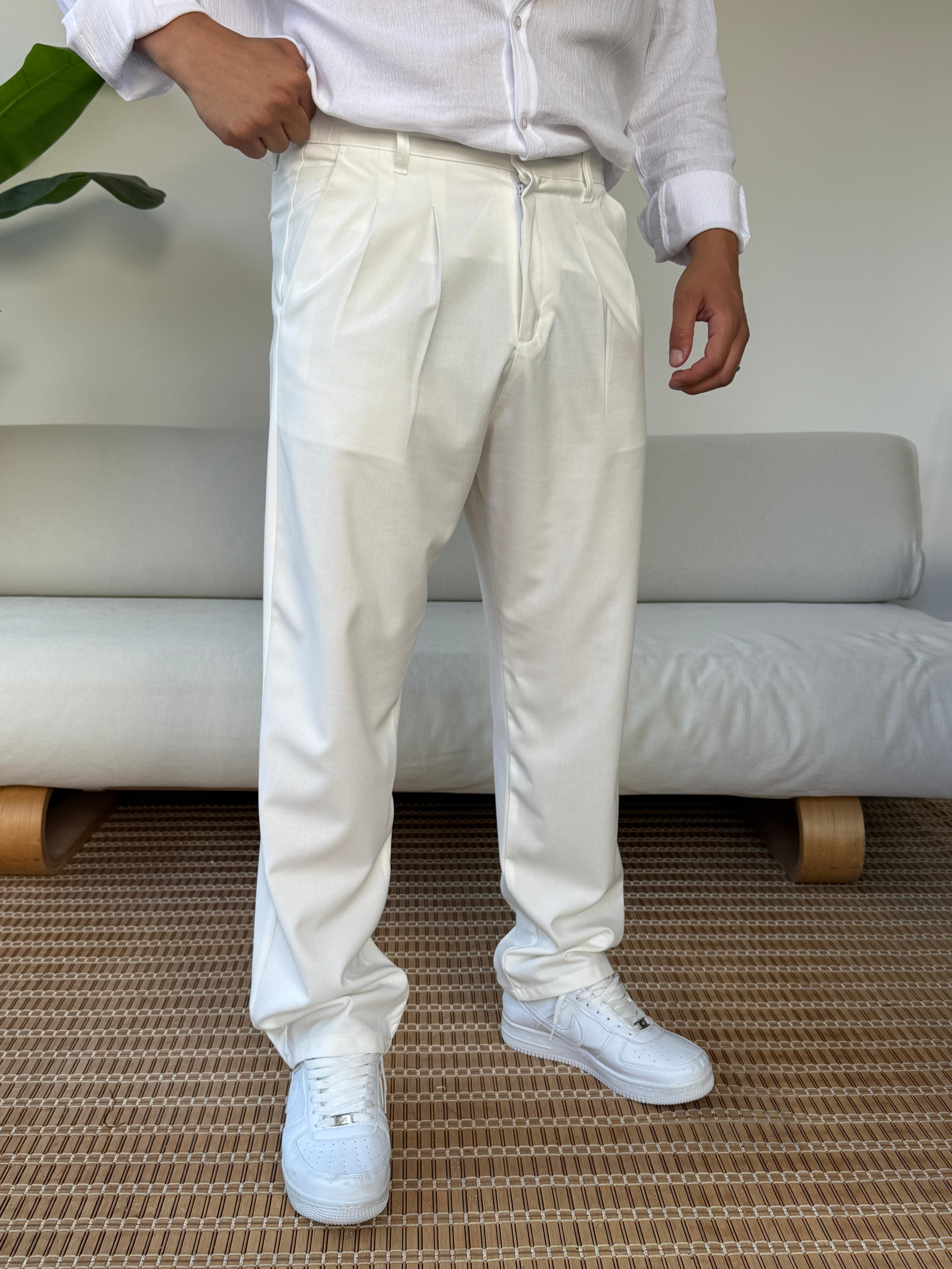 Kumaş Baggy Pile Detaylı Pantolon Beyaz