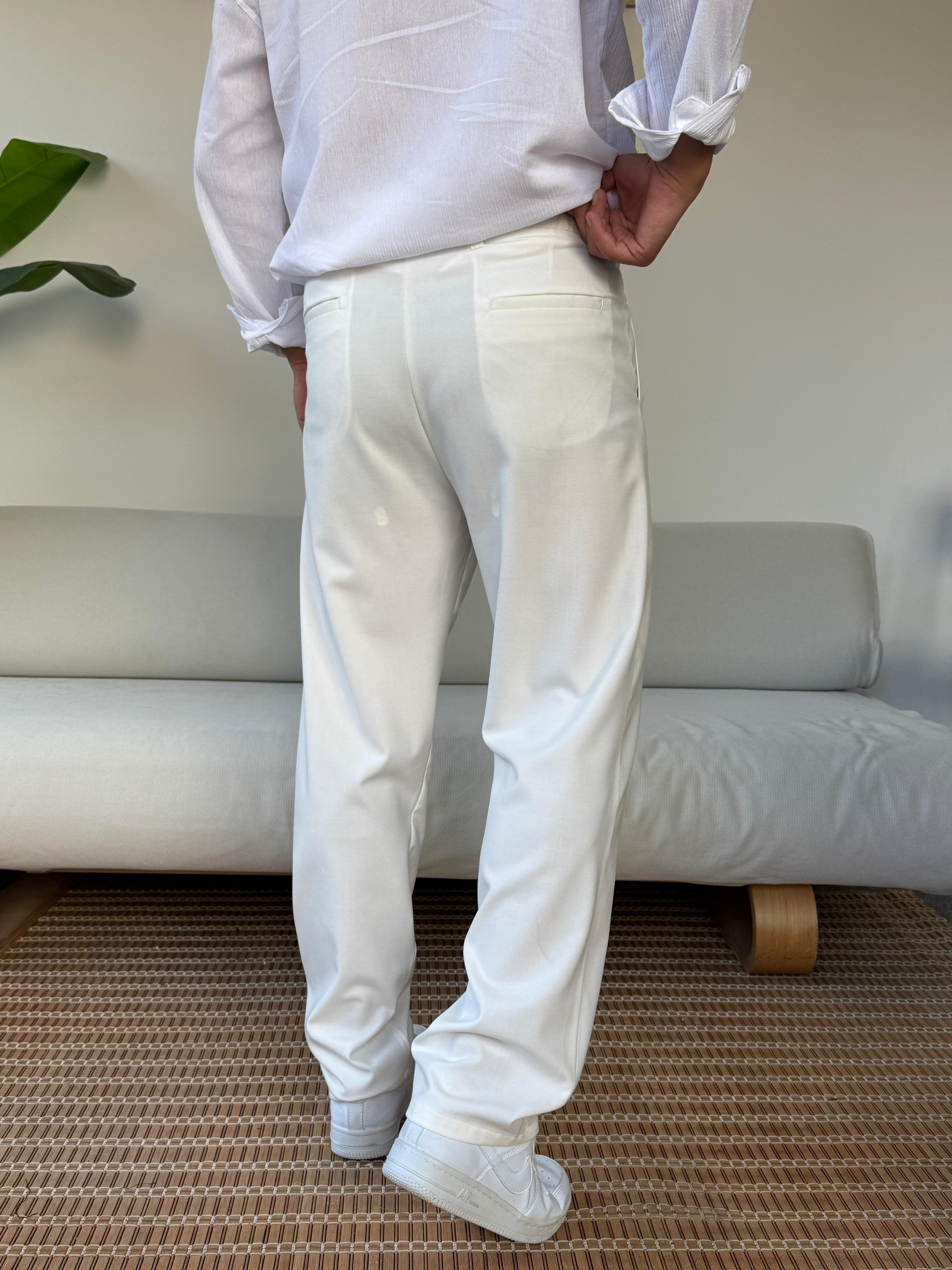 Kumaş Baggy Pile Detaylı Pantolon Beyaz